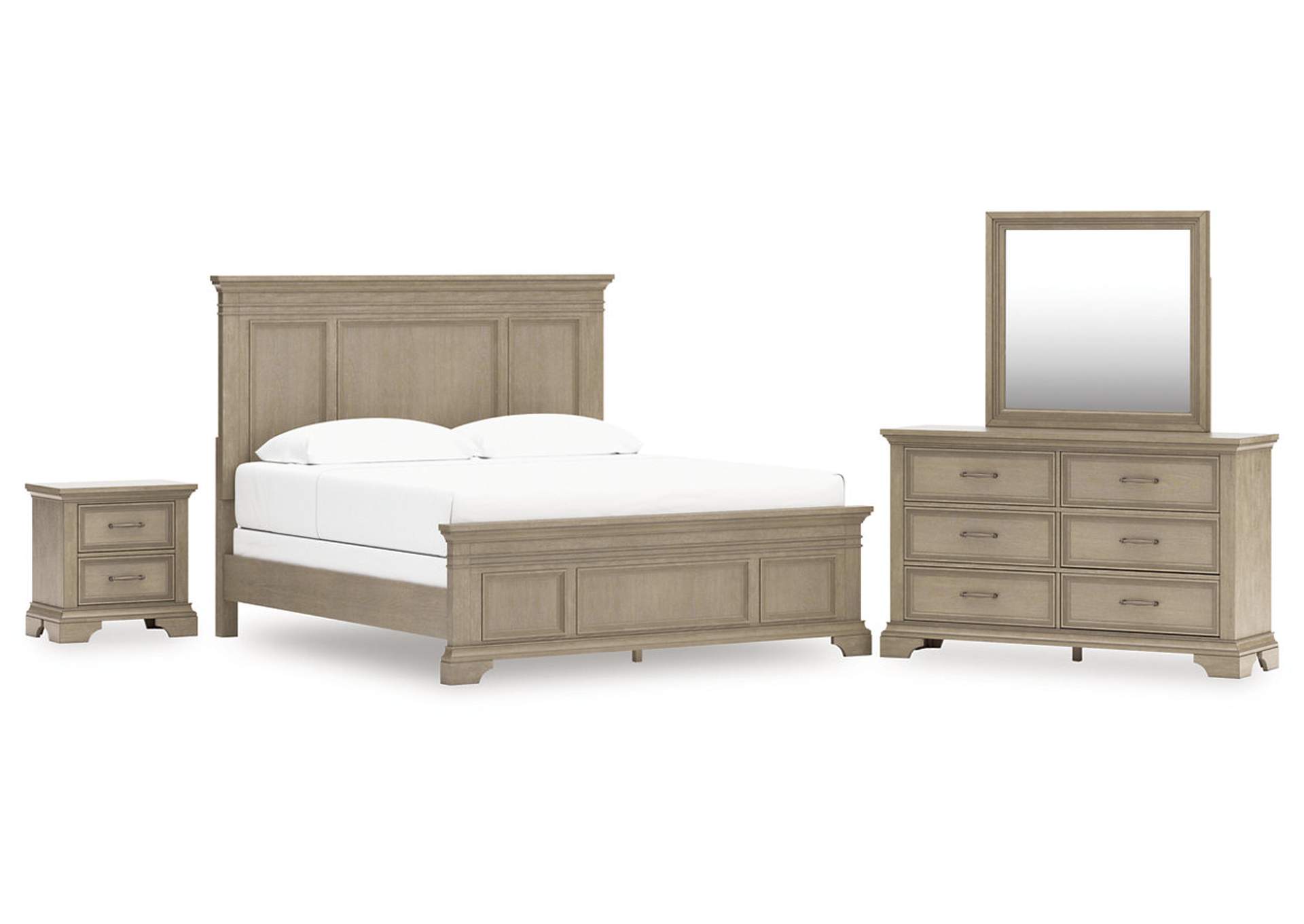 Vallardia King Panel Bed with Mirrored Dresser and Nightstand image 1