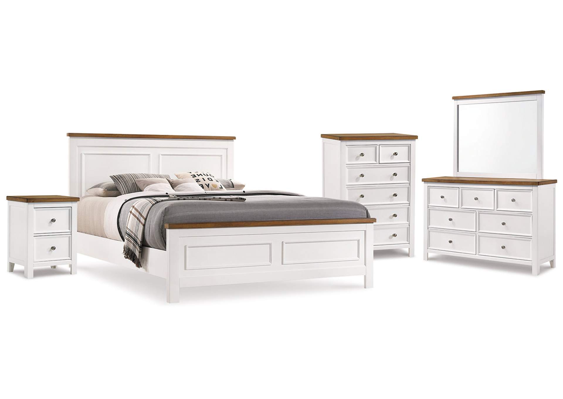 Westconi King Panel Bed with Mirrored Dresser, Chest and Nightstand image 1