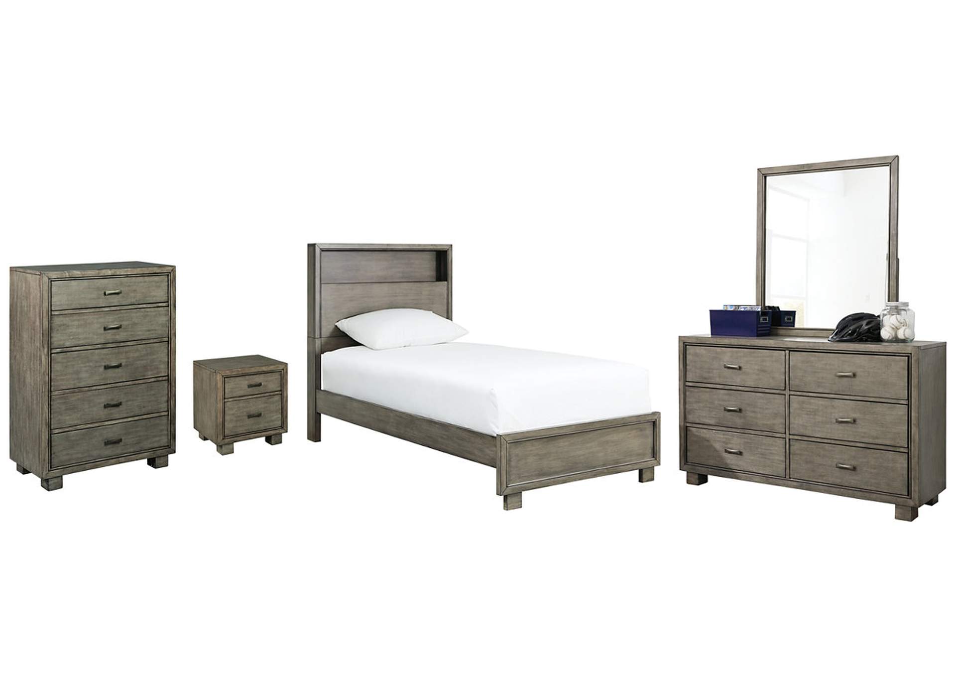 Queen Bookcase Bed with Mirrored Dresser, Chest and Nightstand