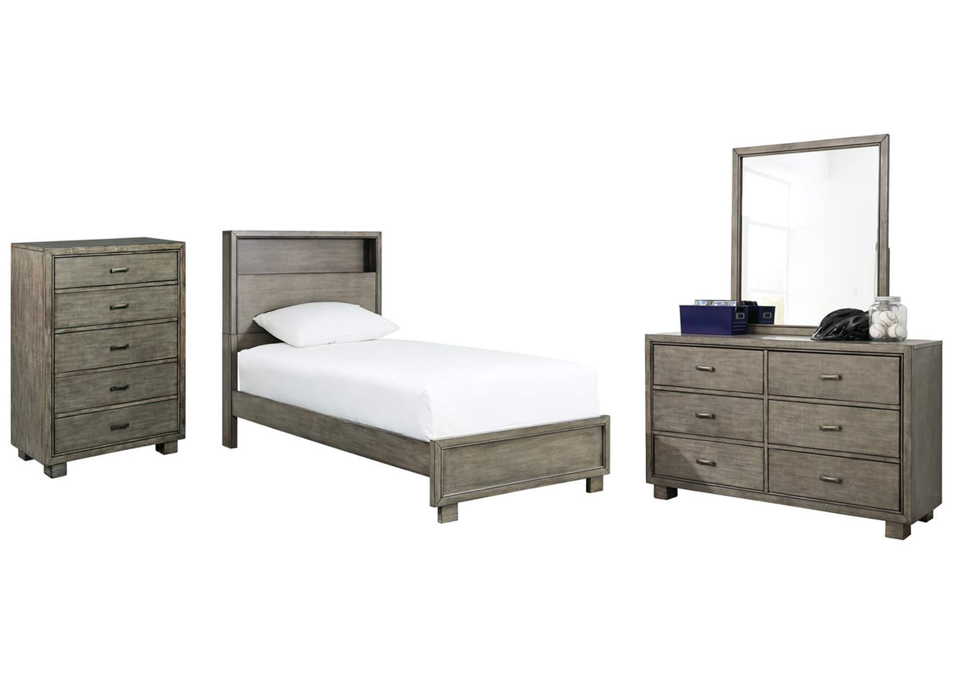 Full Bookcase Bed with Mirrored Dresser and Chest