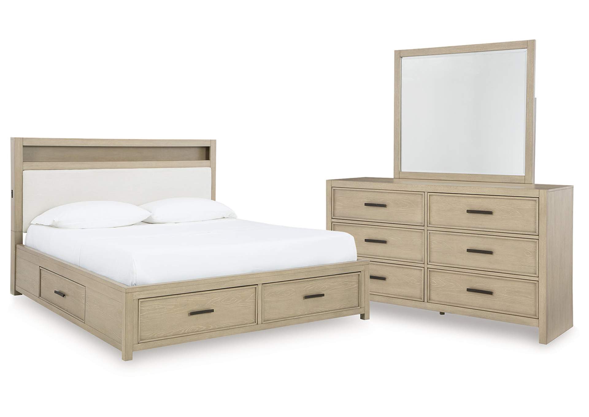 Calmoro California King Bookcase Bed with Mirrored Dresser image 1