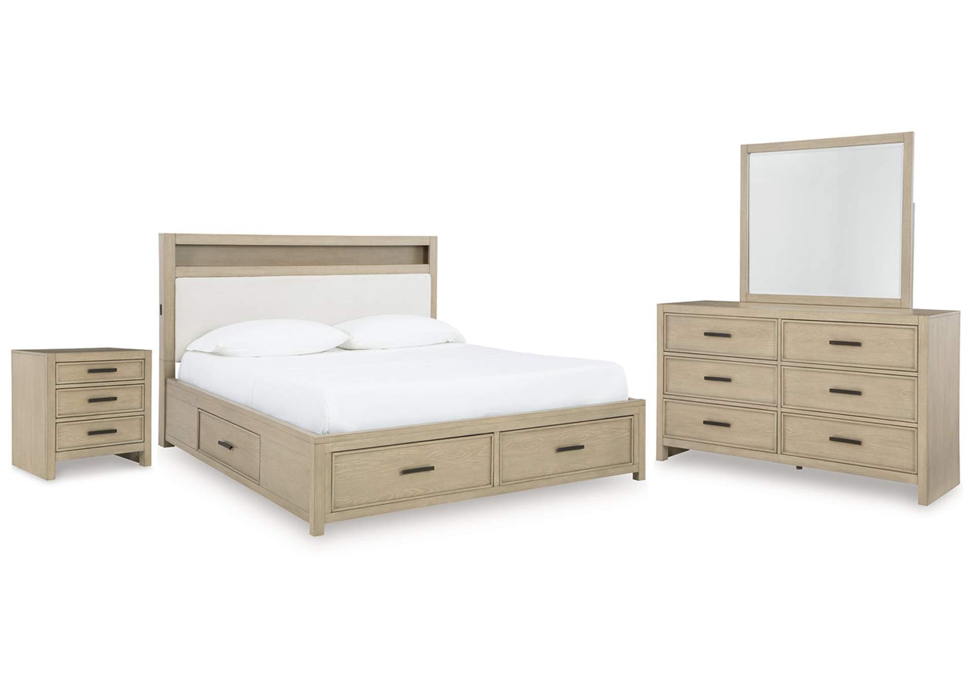 Calmoro Queen Bookcase Bed with Mirrored Dresser and Nightstand image 1