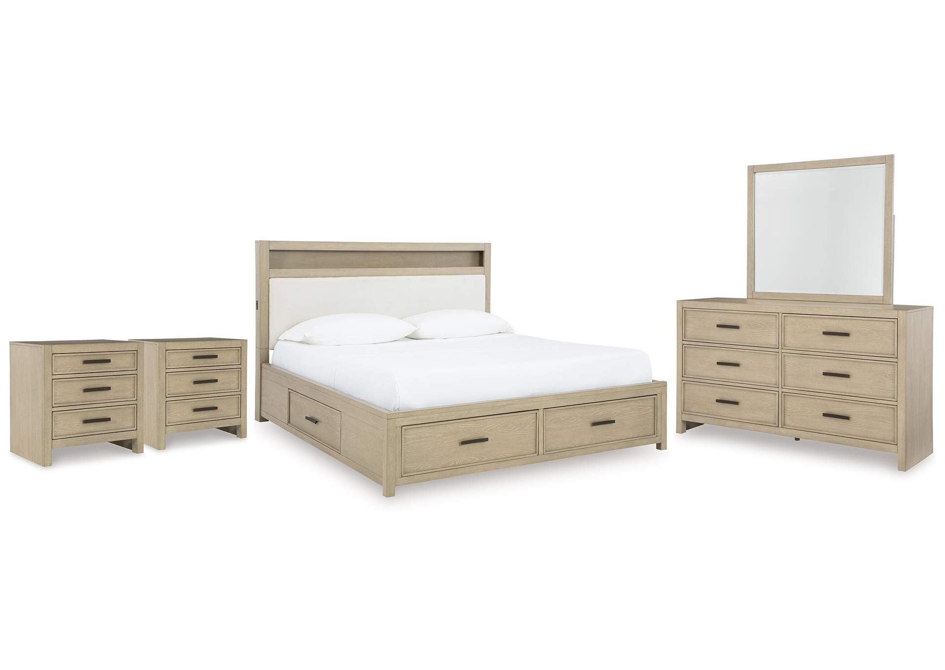 Calmoro Queen Bookcase Bed with Mirrored Dresser and 2 Nightstands image 1