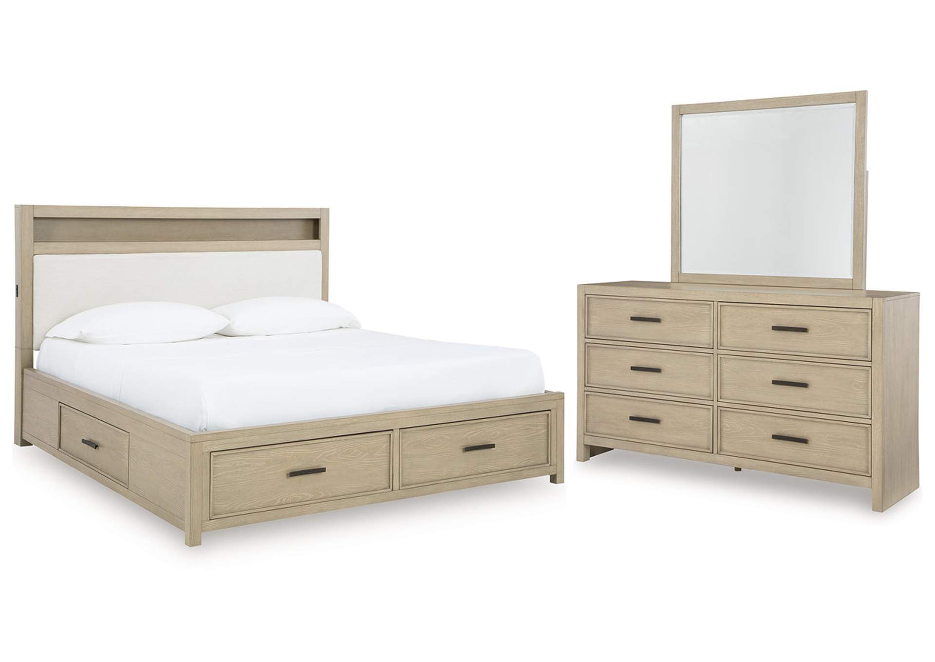 Calmoro King Bookcase Bed with Mirrored Dresser image 1