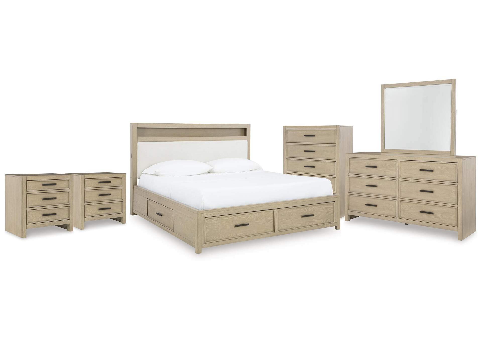 Calmoro Queen Bookcase Bed with Mirrored Dresser, Chest and 2 Nightstands image 1