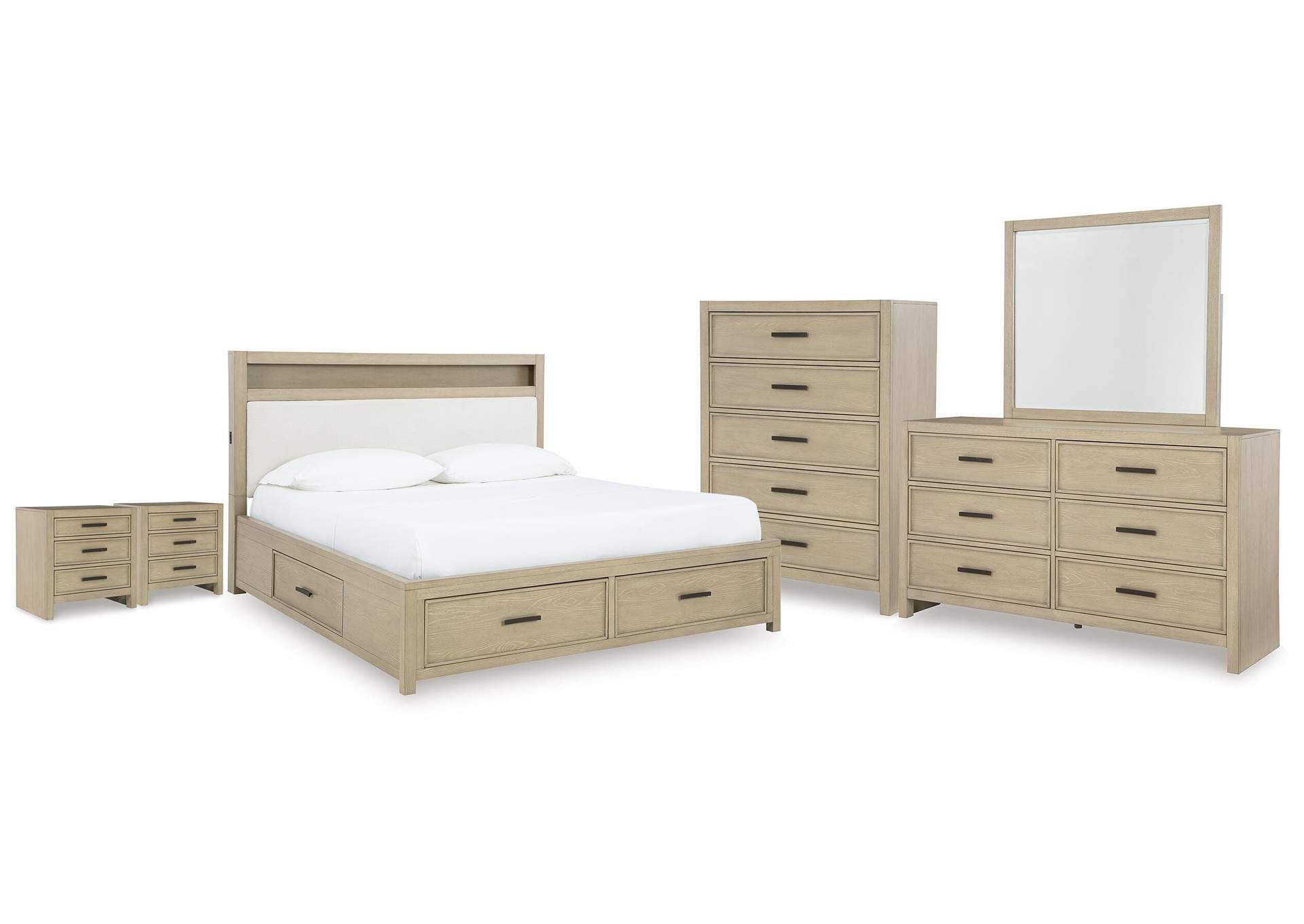 Calmoro King Bookcase Bed with Mirrored Dresser, Chest and 2 Nightstands image 1