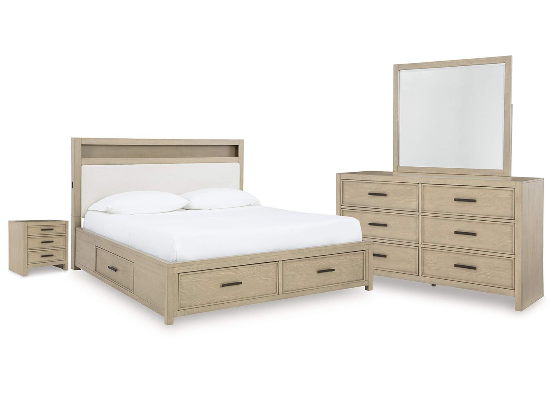 Calmoro King Bookcase Bed with Mirrored Dresser and Nightstand image 1