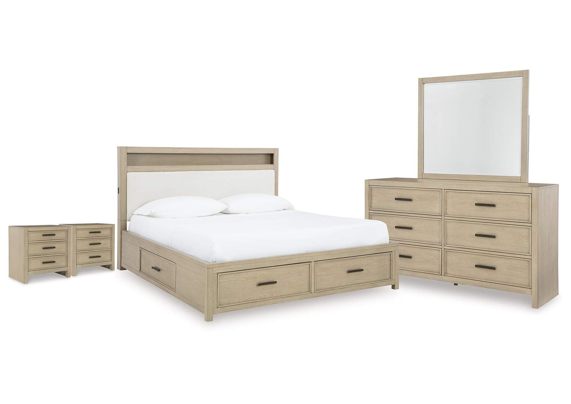 Calmoro California King Bookcase Bed with Mirrored Dresser and 2 Nightstands image 1