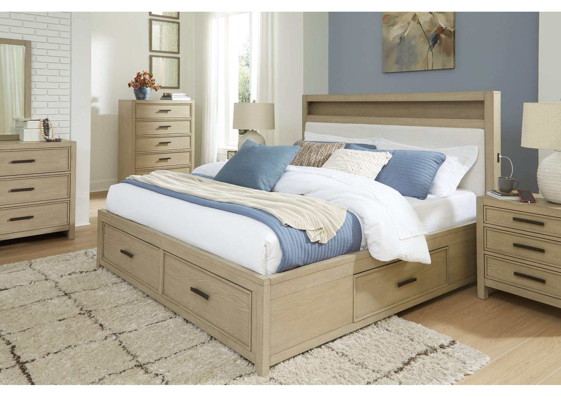 Calmoro Queen Bookcase Bed with Mirrored Dresser and Nightstand image 16