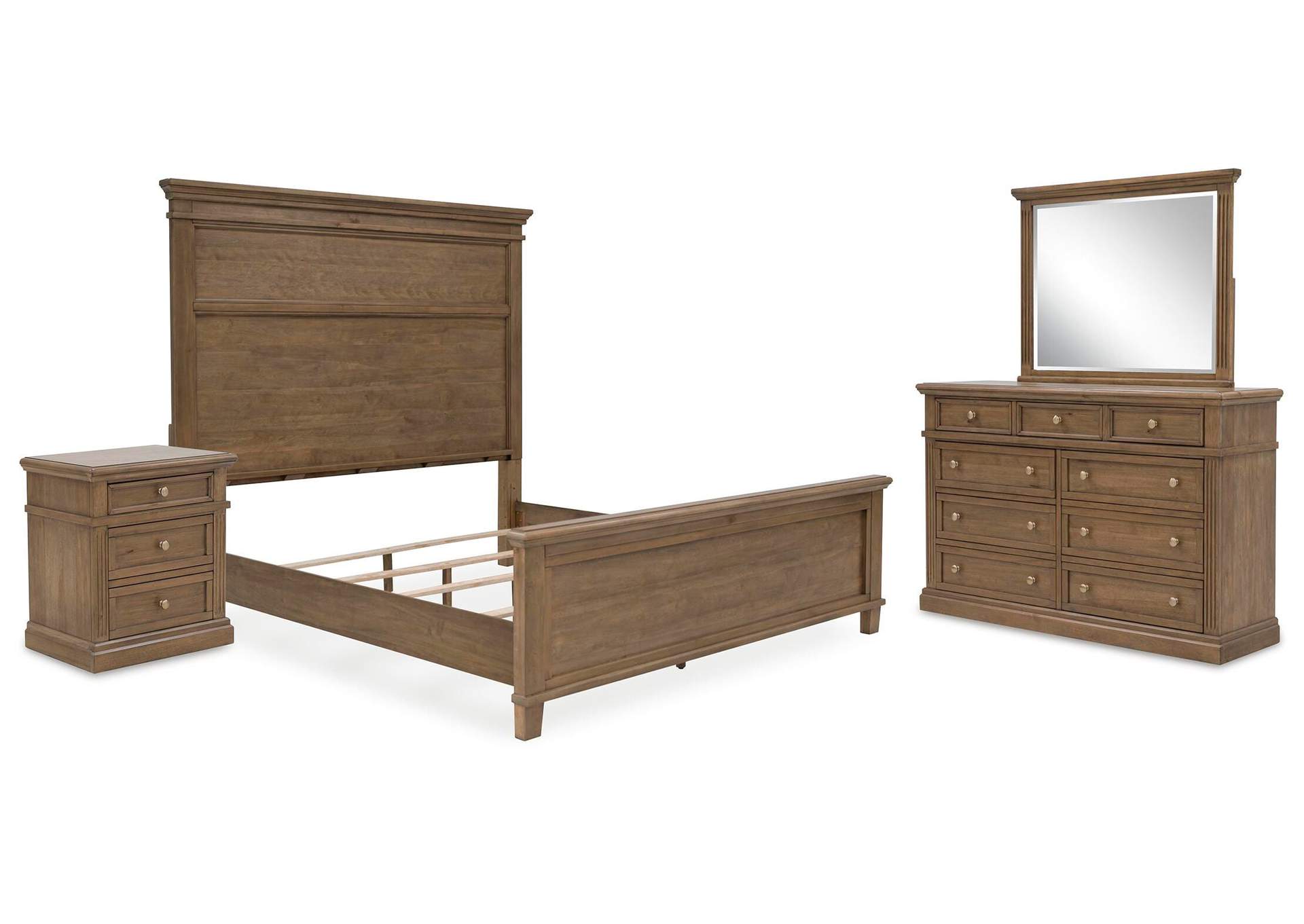 Mylarken California King Panel Bed with Mirrored Dresser and Nightstand image 1