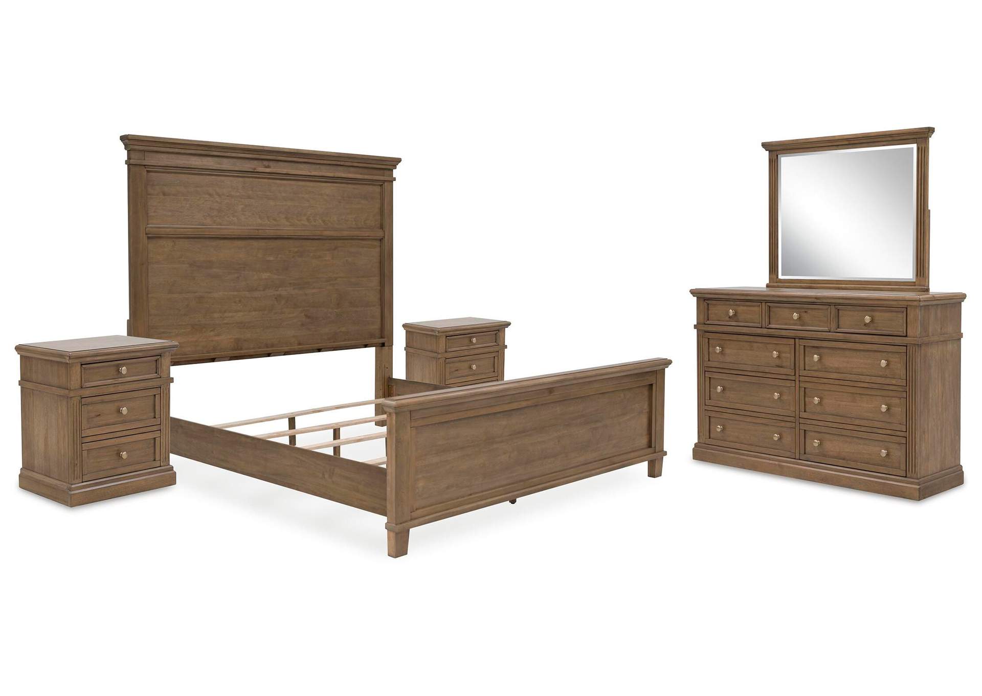 Mylarken California King Panel Bed with Mirrored Dresser and 2 Nightstands image 1