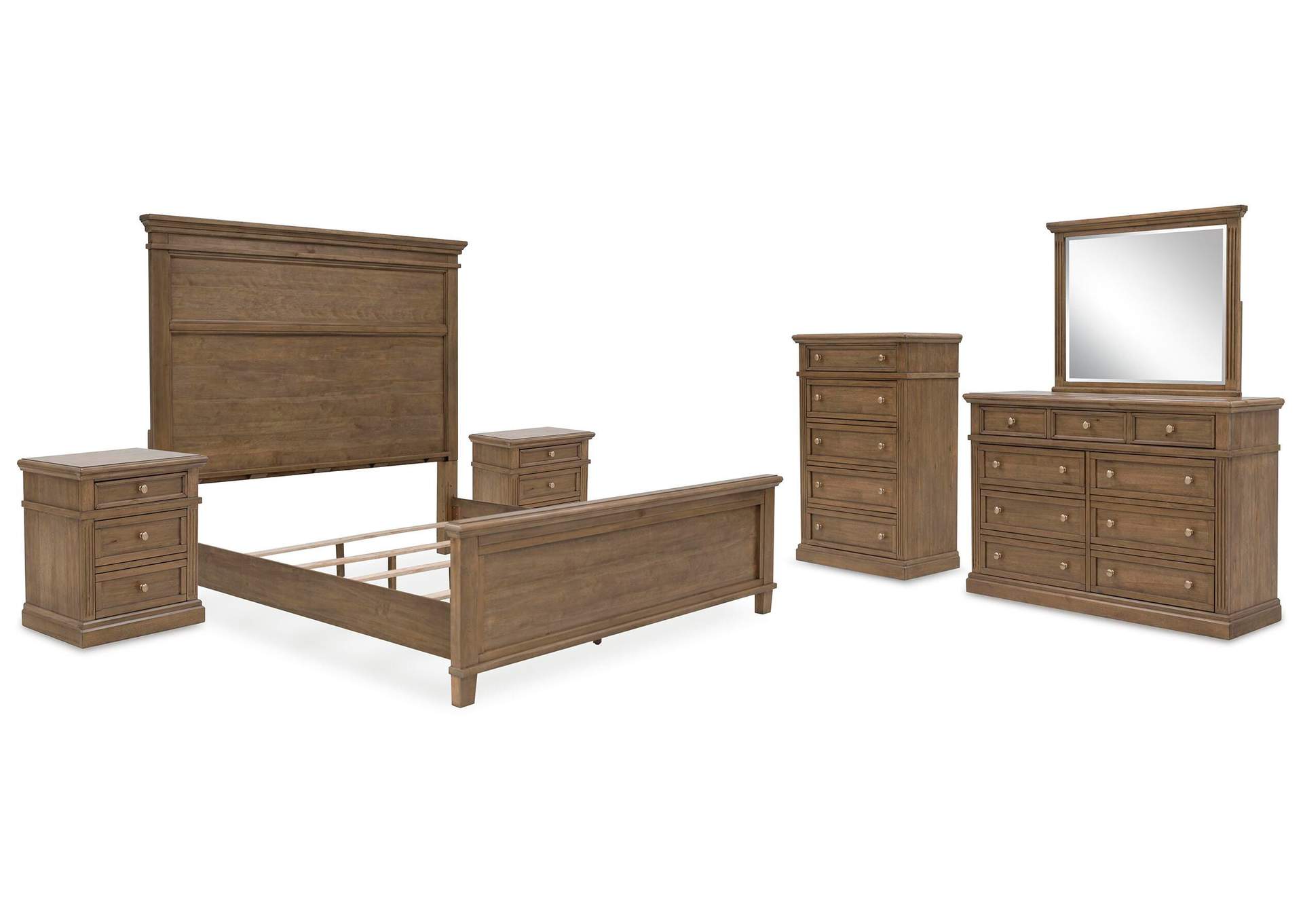 Mylarken King Panel Bed with Mirrored Dresser, Chest and 2 Nightstands image 1