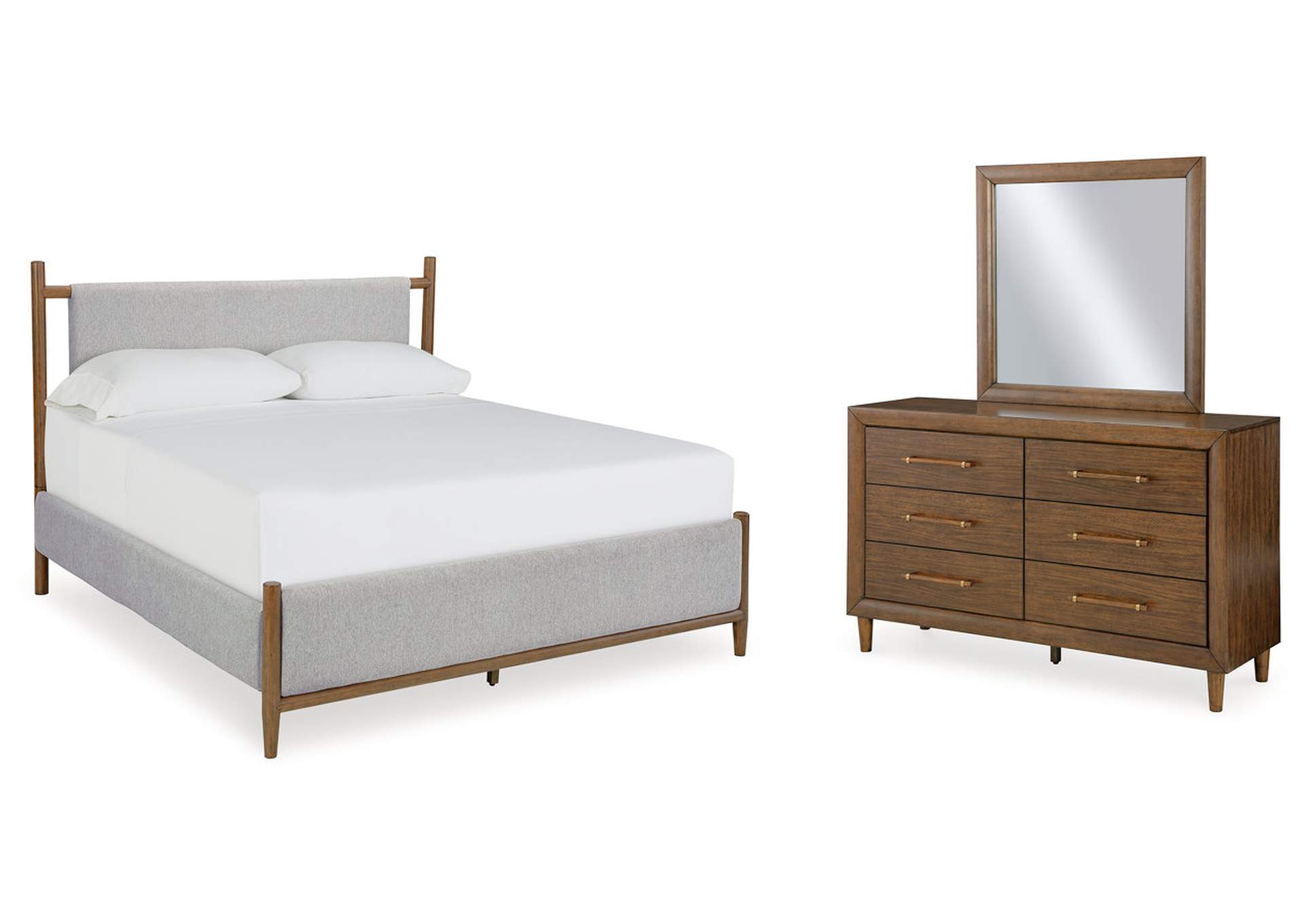 Lyncott California King Upholstered Bed with Mirrored Dresser