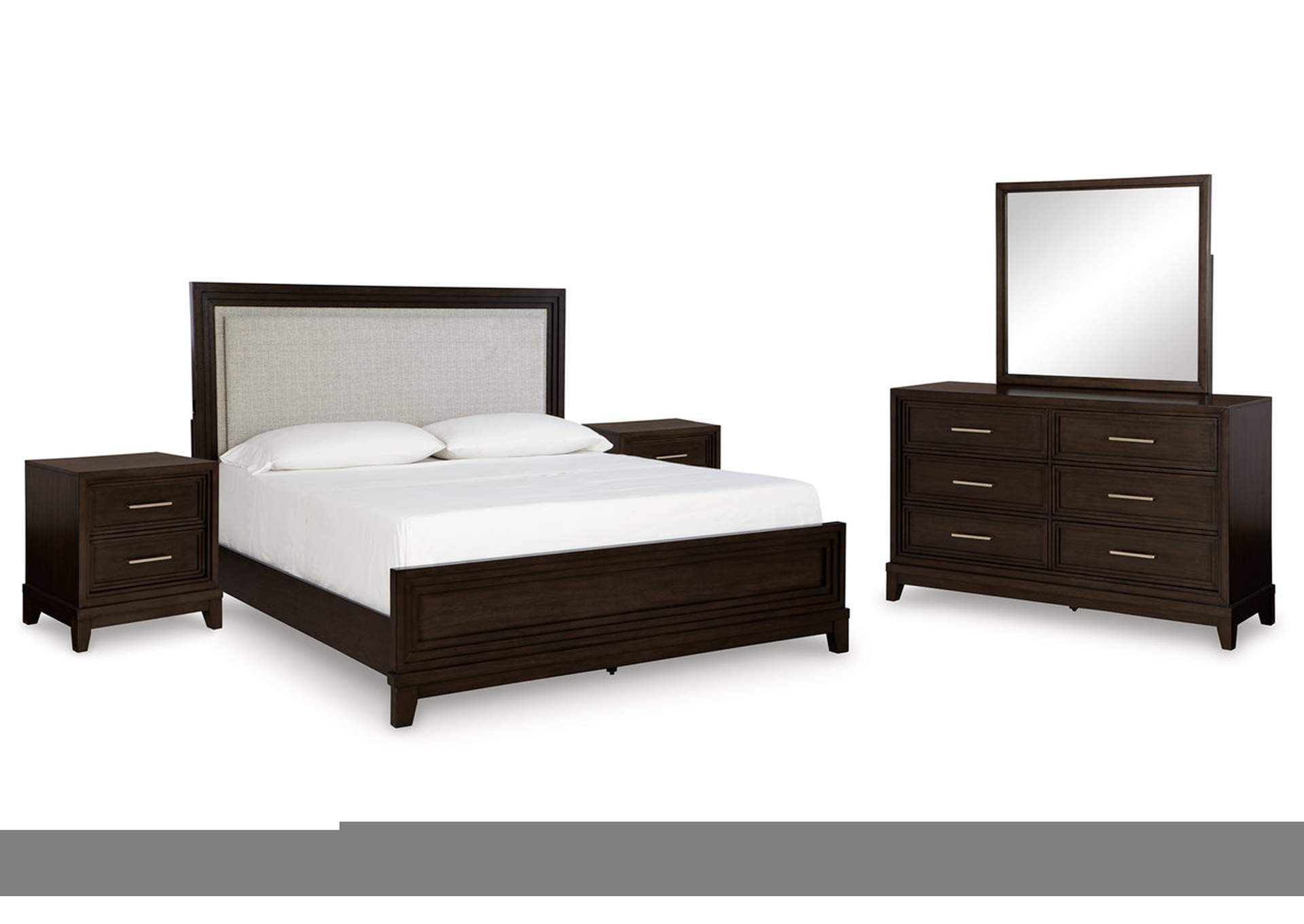 Neymorton California King Upholstered Panel Bed with Mirrored Dresser and 2 Nightstands