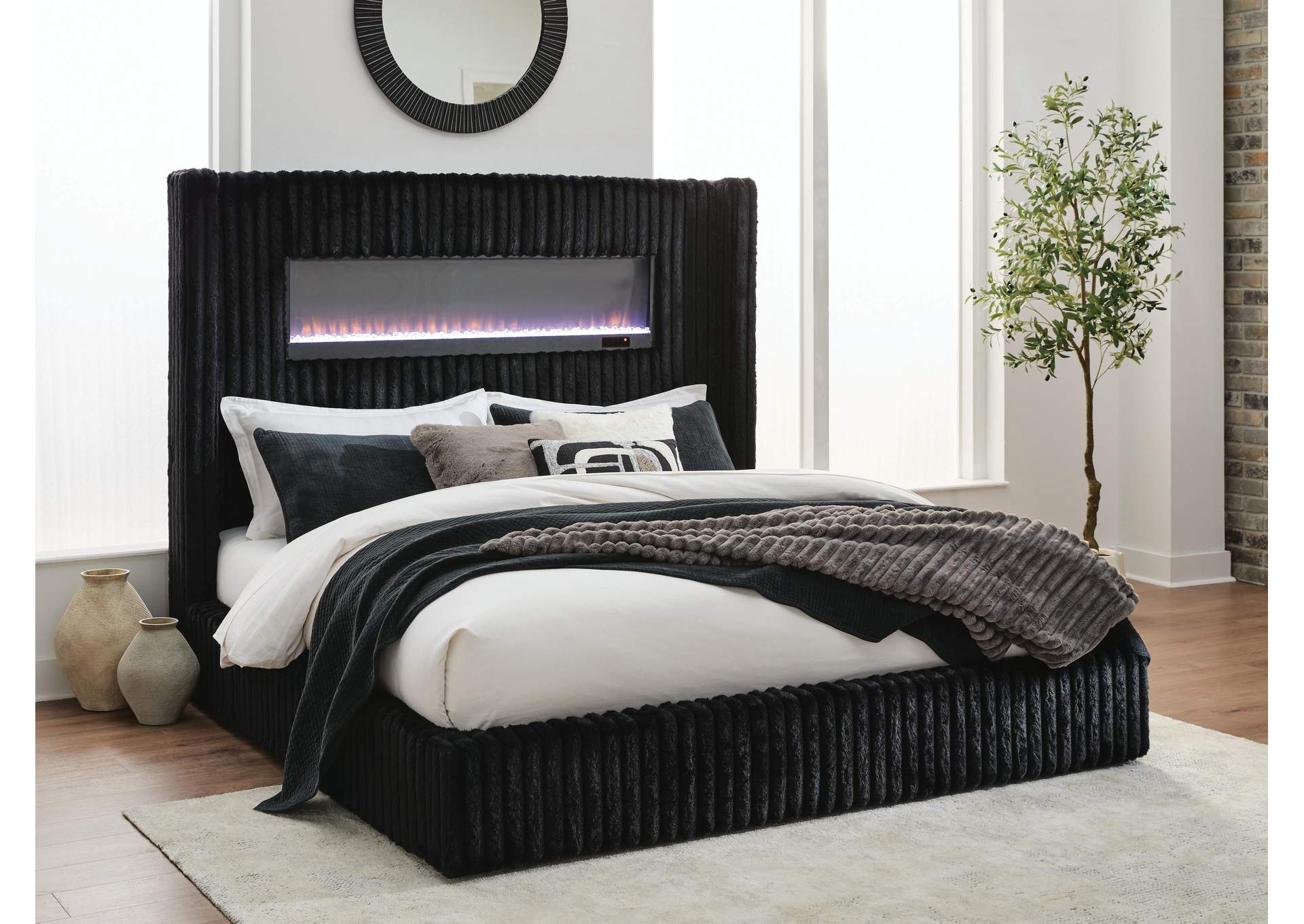 Tayleena Queen Upholstered Bed with Fireplace and Wireless Audio image 2