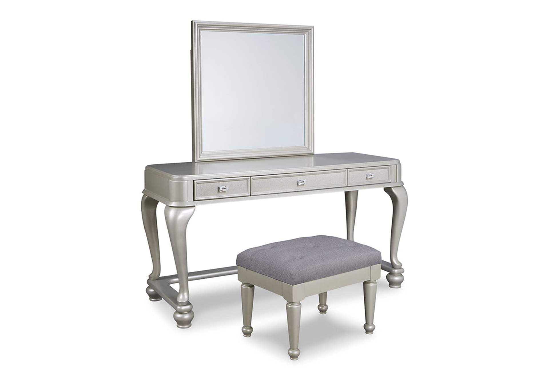 Coralayne Queen Upholstered Bed and Vanity with Mirror and Stool