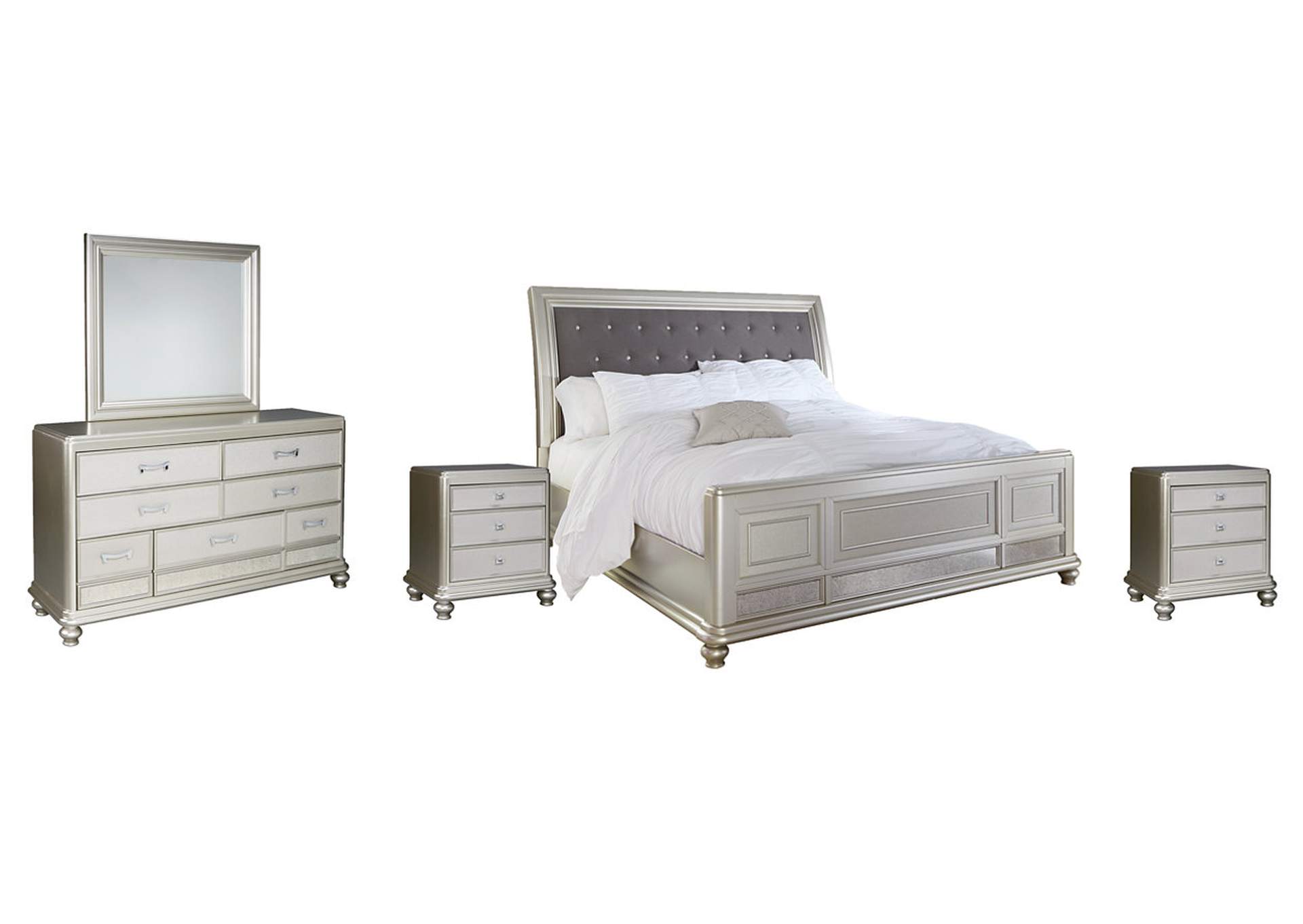 Coralayne King Upholstered Sleigh Bed with Mirrored Dresser and 2