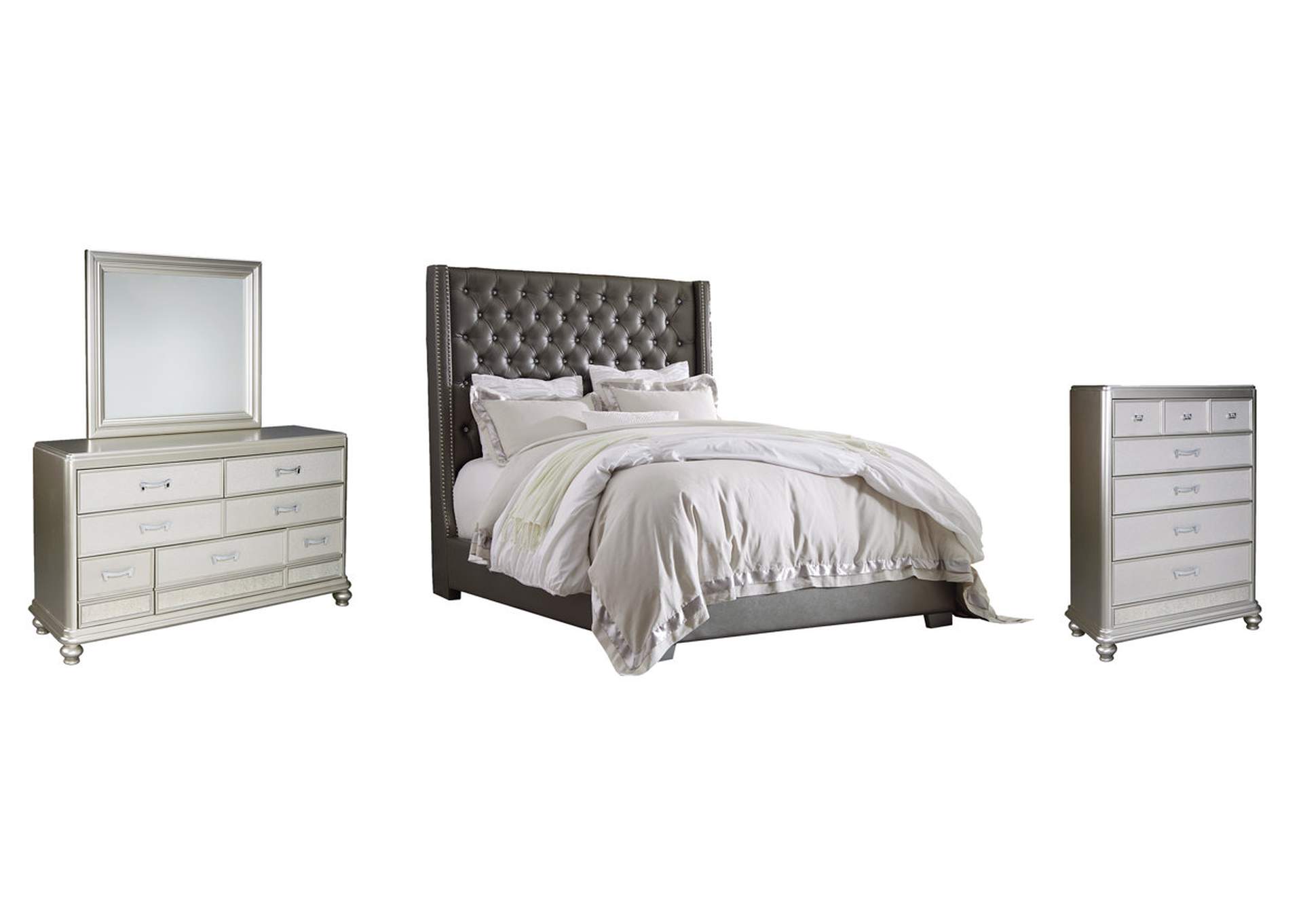 Coralayne King Upholstered Bed with Mirrored Dresser and Chest