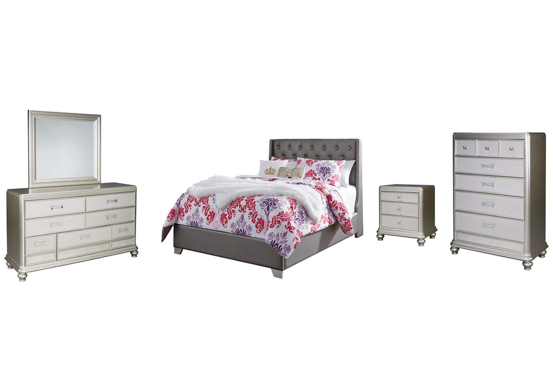 Coralayne California King Upholstered Bed with Mirrored Dresser, Chest
