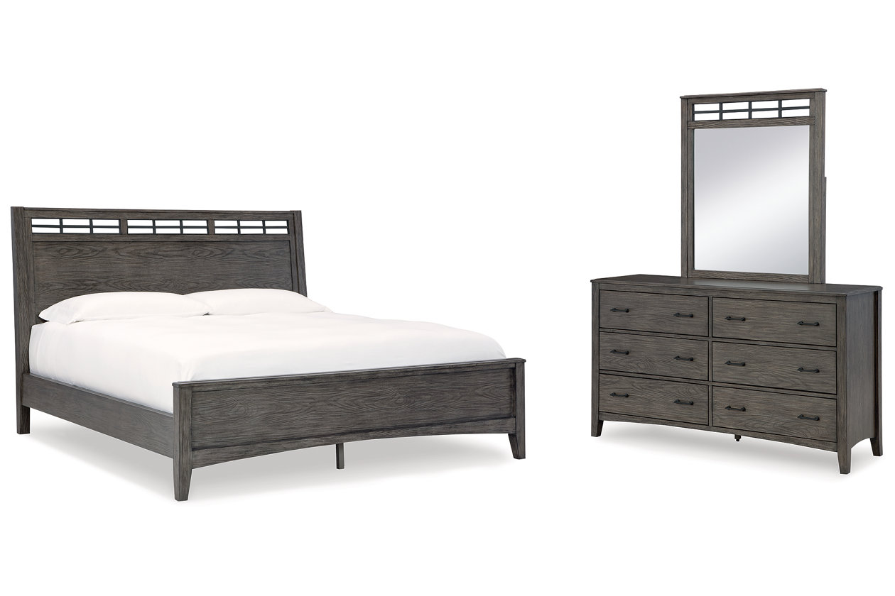 Montillan King Panel Bed with Mirrored Dresser