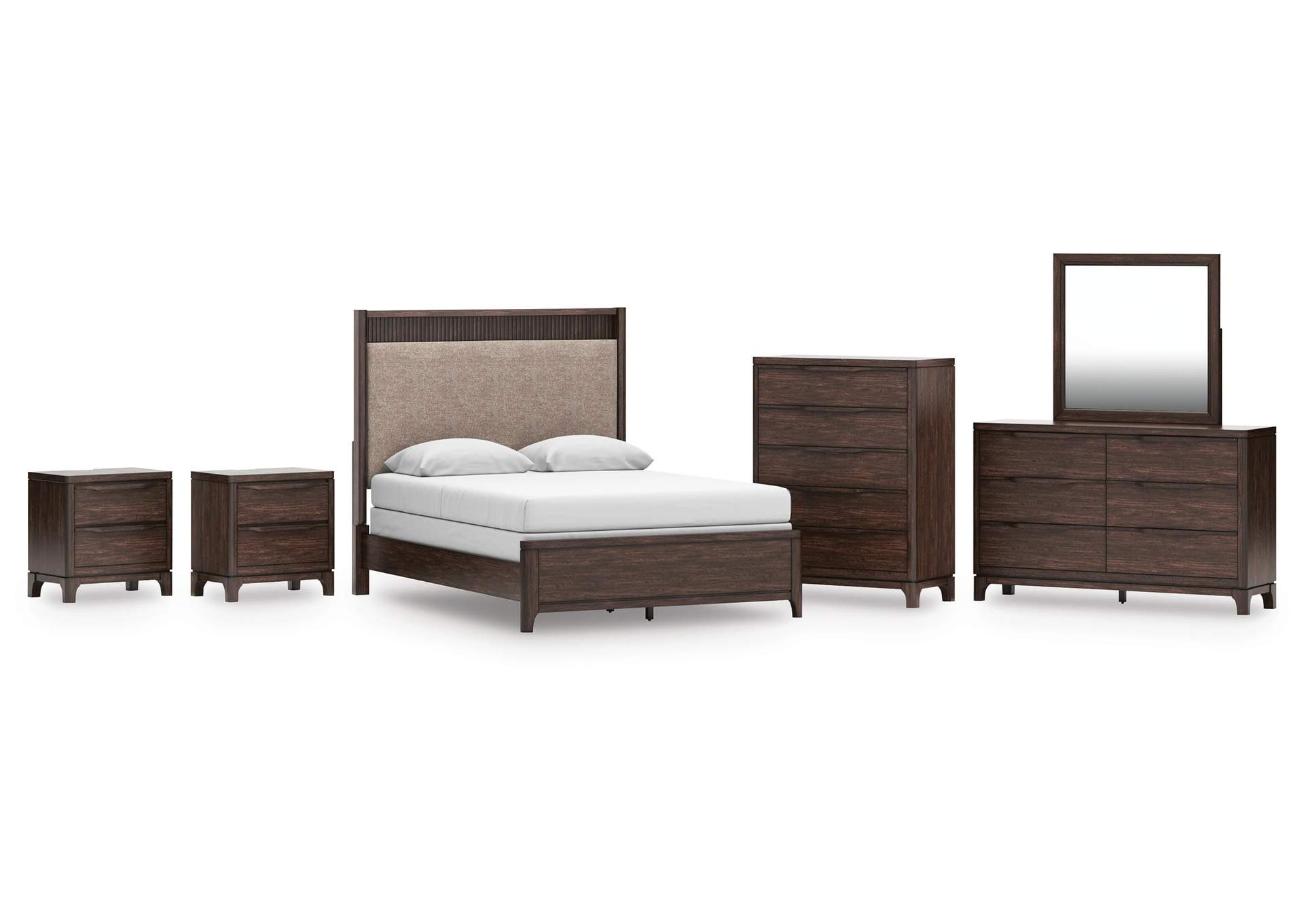 Korestone Queen Upholstered Panel Bed, Dresser, Mirror, Chest and 2 Nightstands image 1