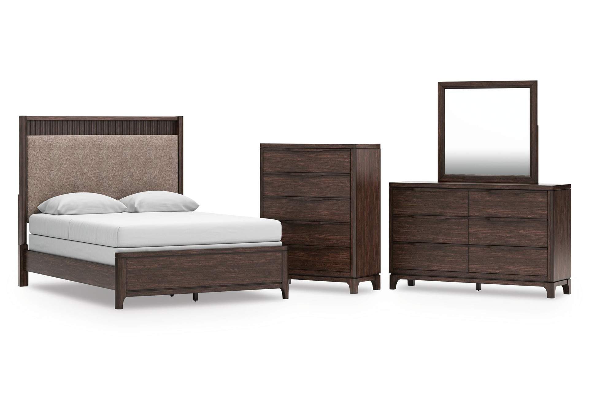Korestone Queen Upholstered Panel Bed, Dresser, Mirror and Chest