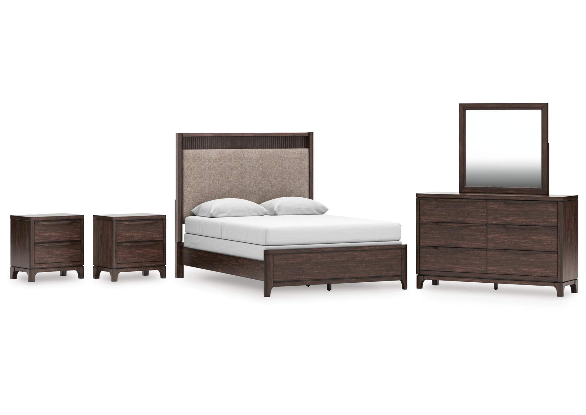 Korestone Queen Upholstered Panel Bed, Dresser, Mirror and 2 Nightstands image 1
