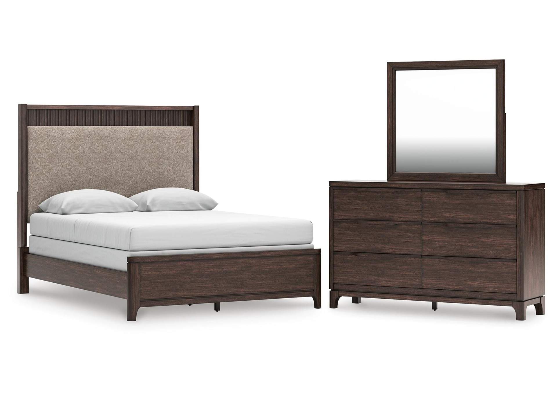 Korestone Queen Upholstered Panel Bed, Dresser and Mirror