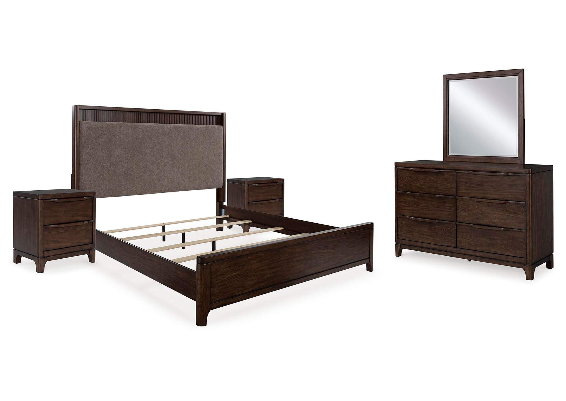 Korestone King Upholstered Panel Bed, Dresser, Mirror and 2 Nightstands image 1