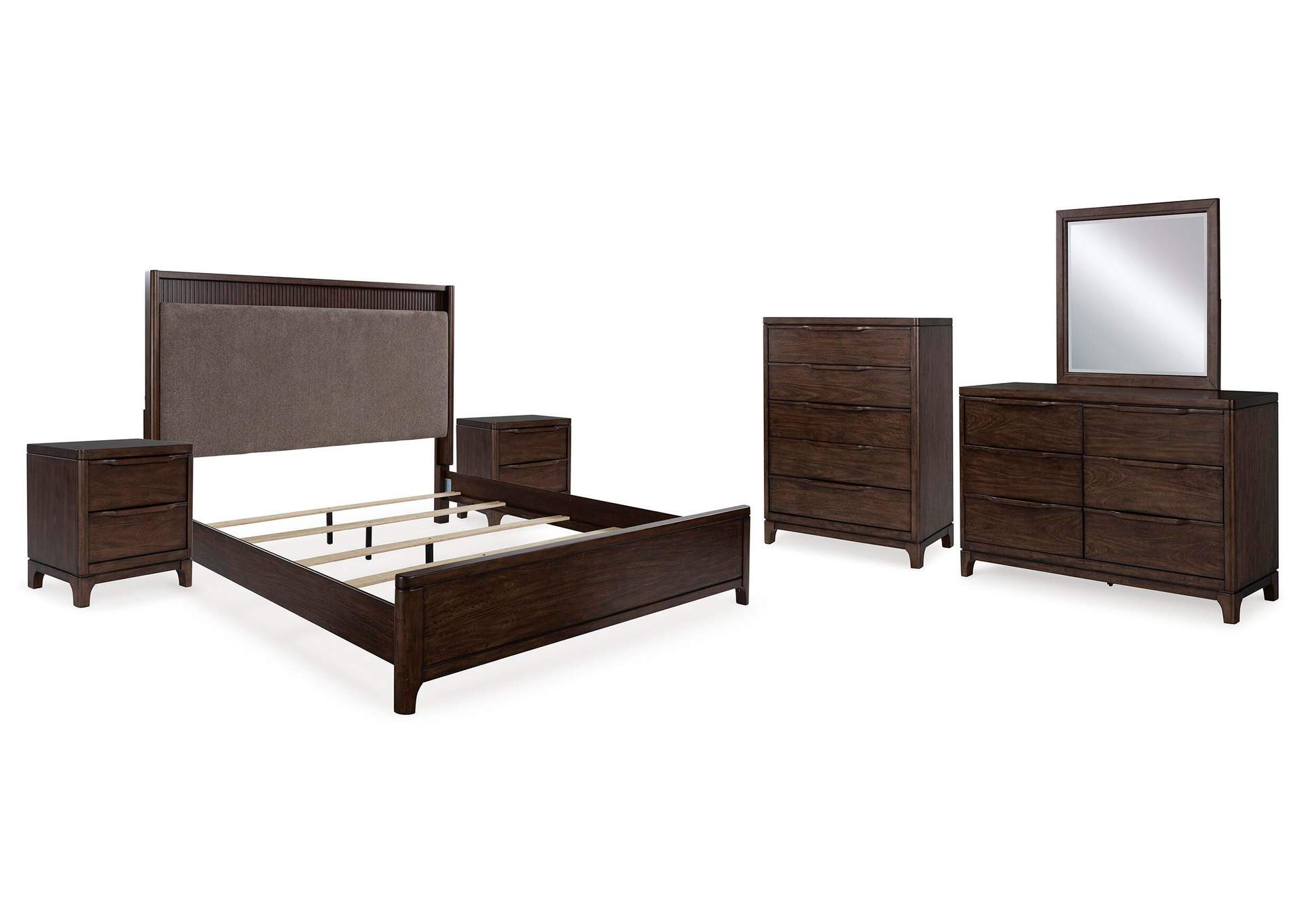 Korestone California King Upholstered Panel Bed, Dresser, Mirror, Chest and 2 Nightstands image 1