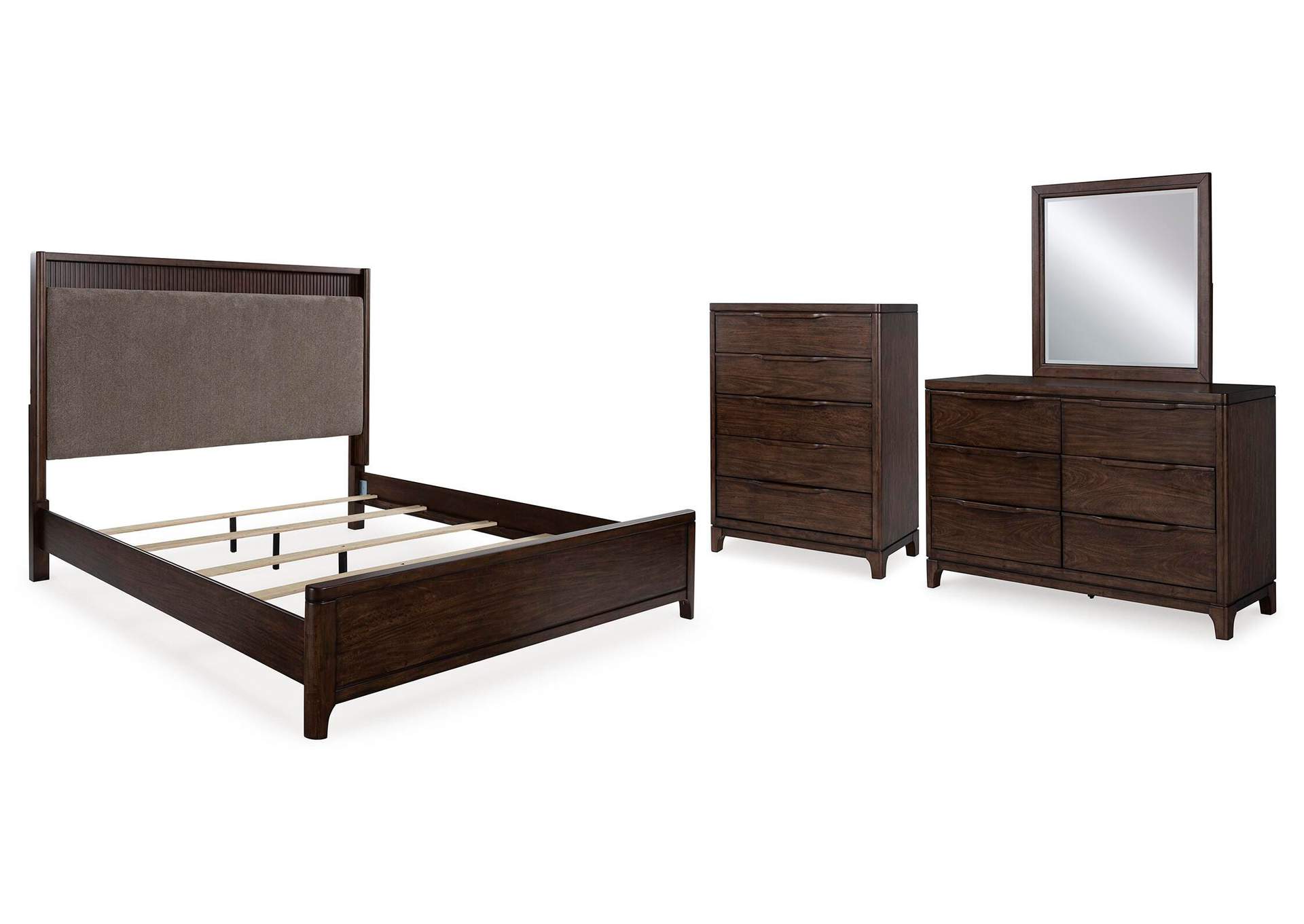 Korestone California King Upholstered Panel Bed, Dresser, Mirror and Chest image 1