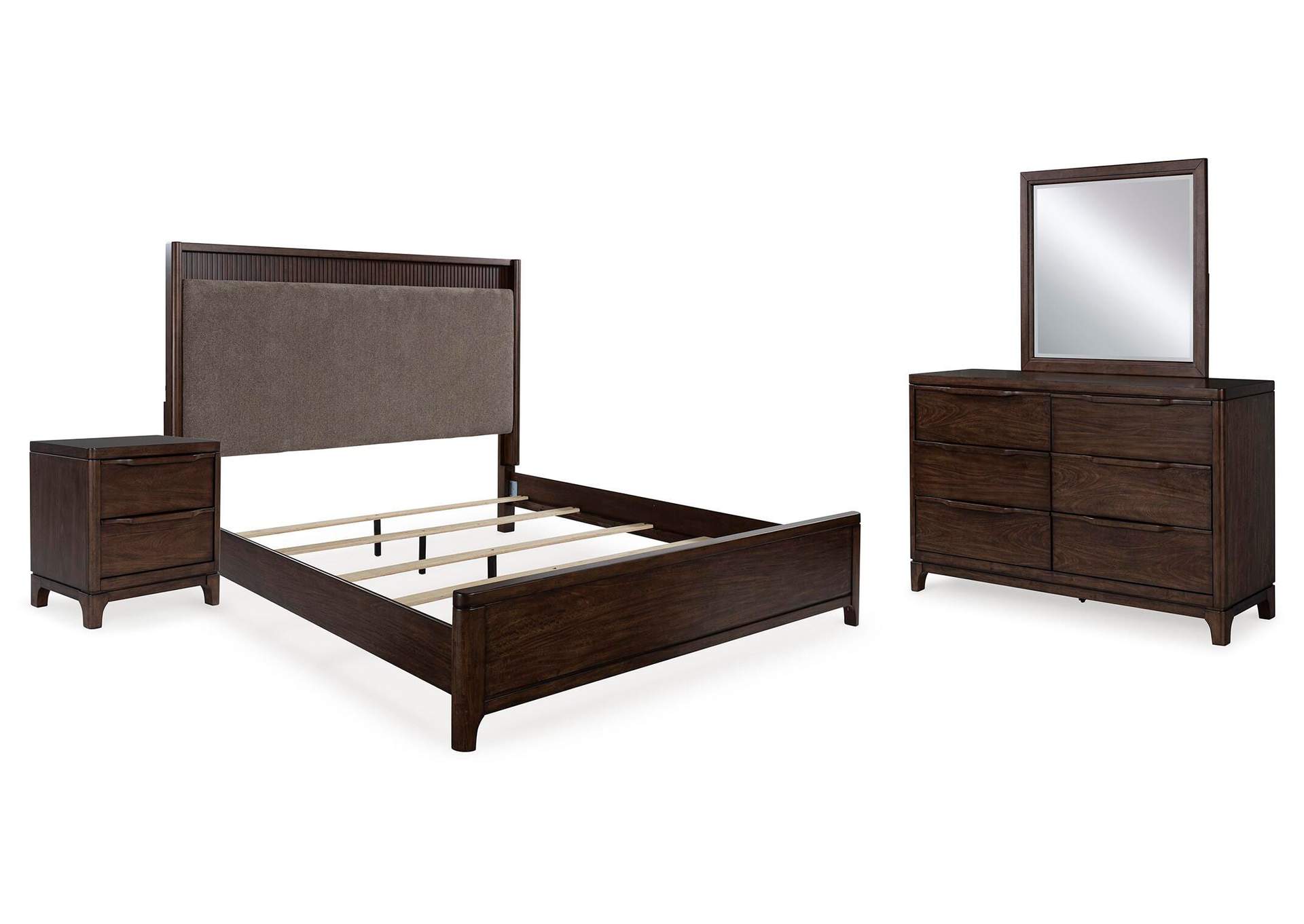 Korestone California King Upholstered Panel Bed with Mirrored Dresser and Nightstand image 1