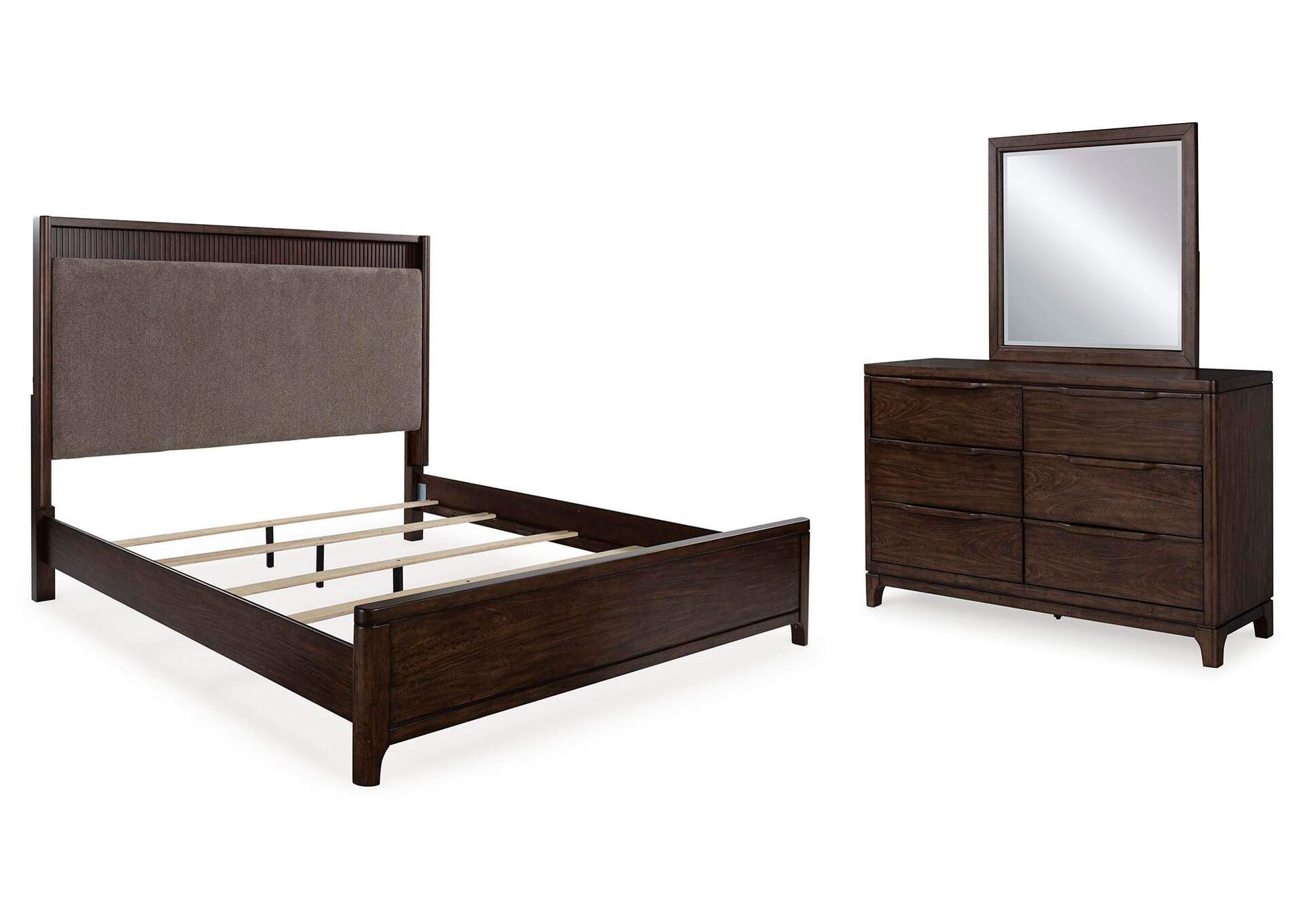 Korestone California King Upholstered Panel Bed, Dresser and Mirror image 1