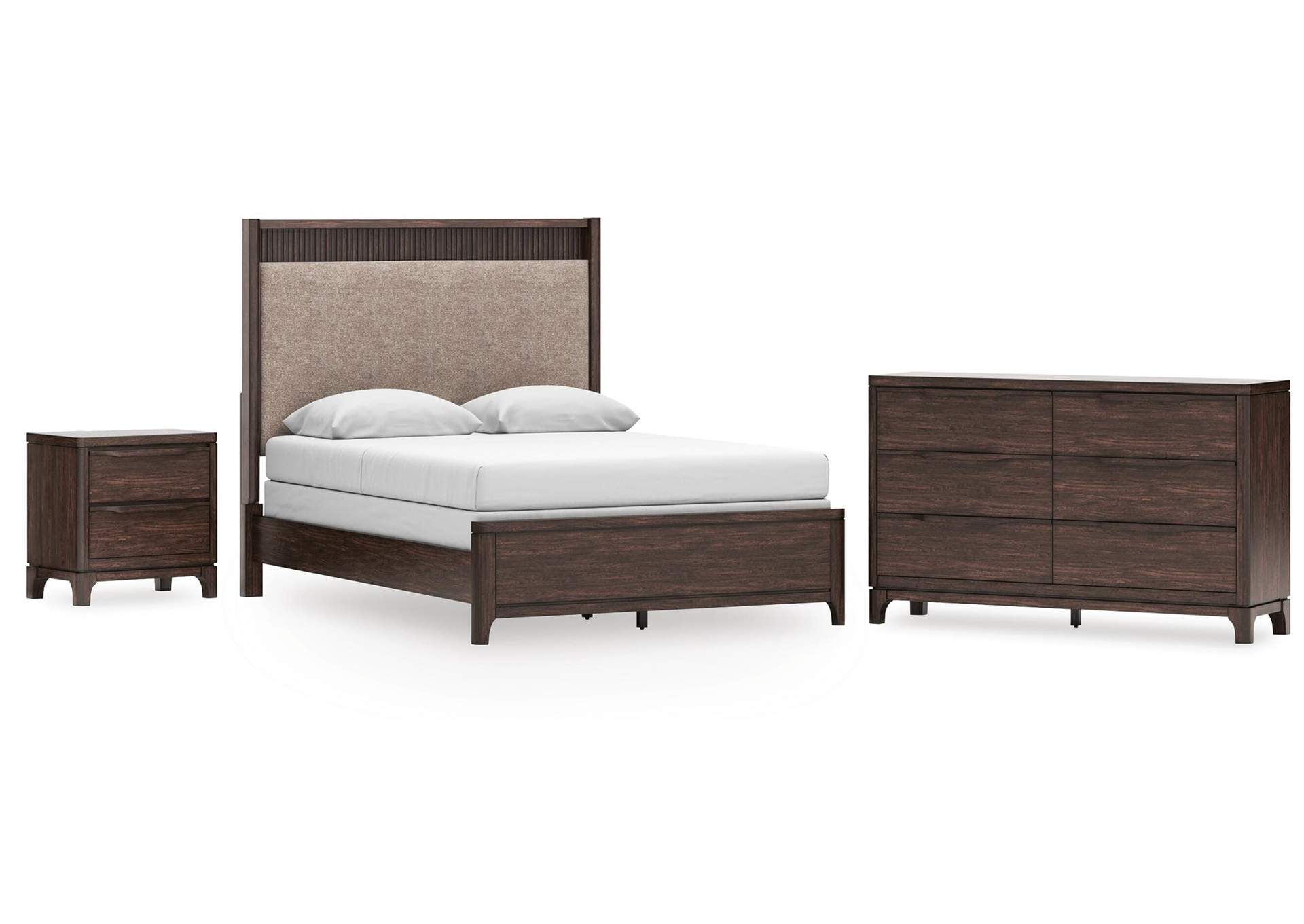 Korestone Queen Upholstered Panel Bed, Dresser and Nightstand image 1