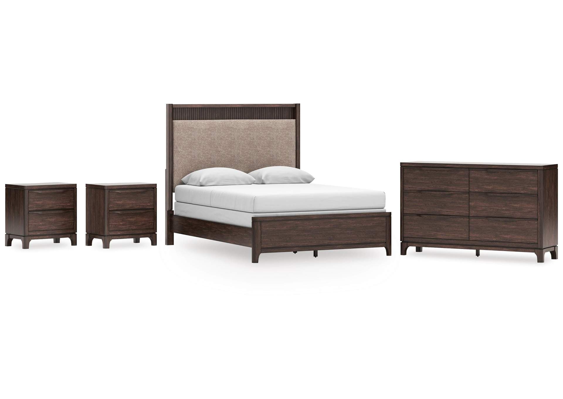 Korestone Queen Upholstered Panel Bed, Dresser and 2 Nightstands image 1