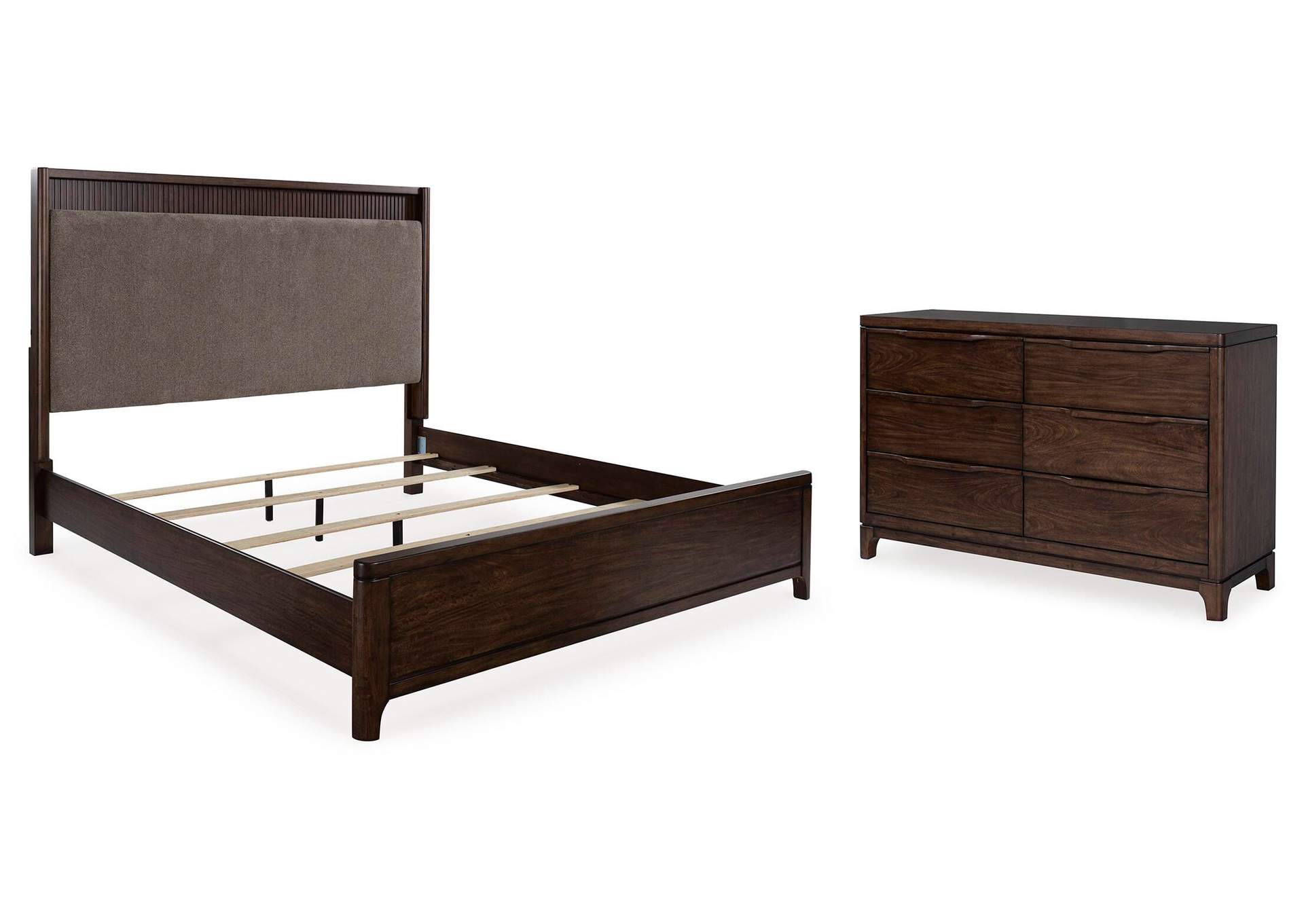 Korestone California King Upholstered Panel Bed and Dresser image 1