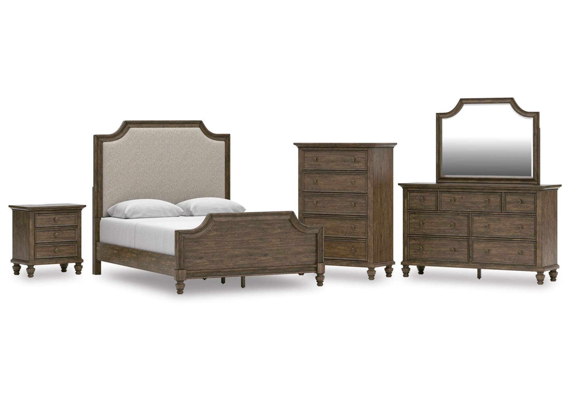 Veramond Queen Upholstered Panel Bed, Dresser, Mirror, Chest and Nightstand image 1
