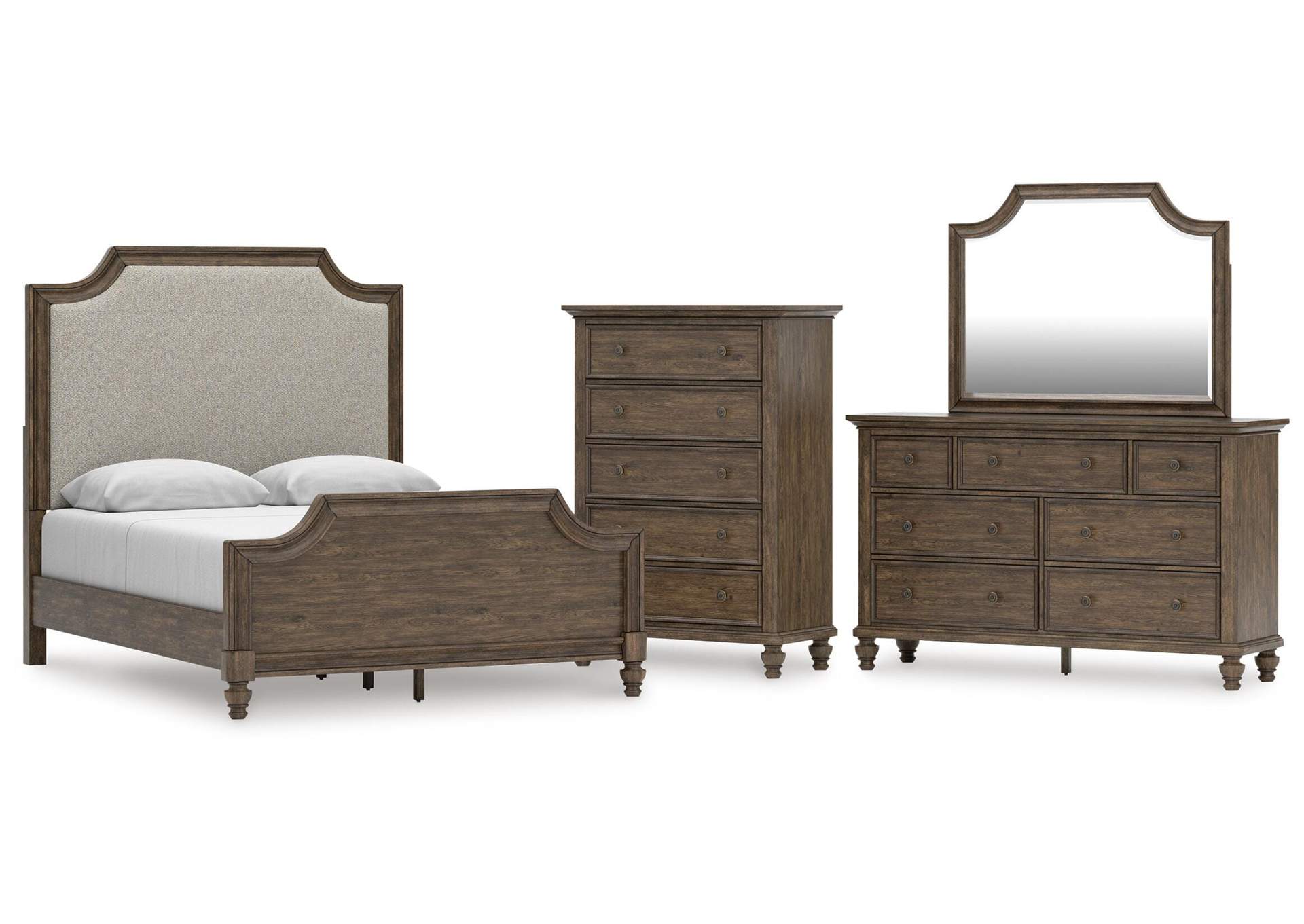 Veramond Queen Upholstered Panel Bed, Dresser, Mirror and Chest image 1