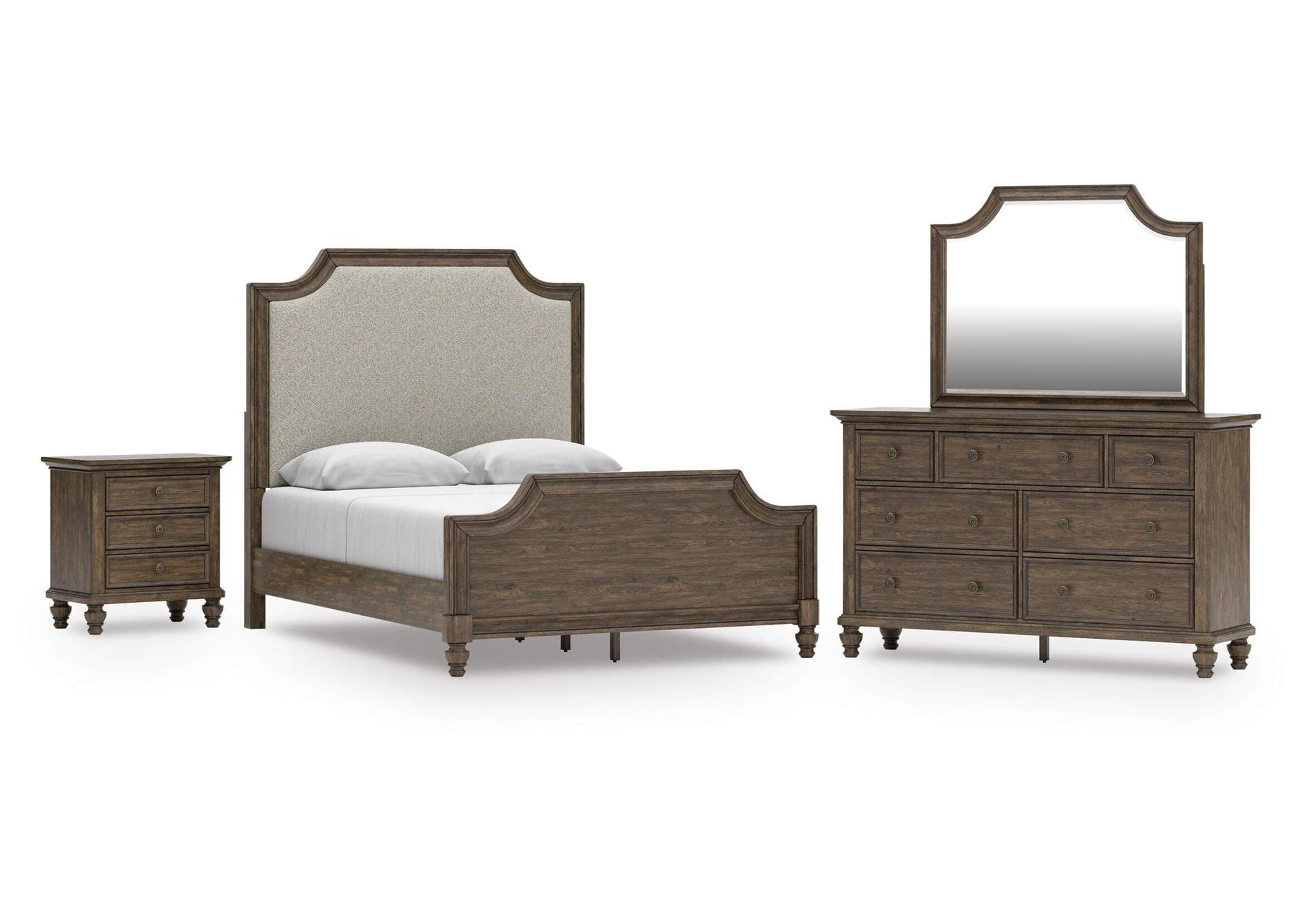 Veramond Queen Upholstered Panel Bed, Dresser, Mirror and Nightstand image 1