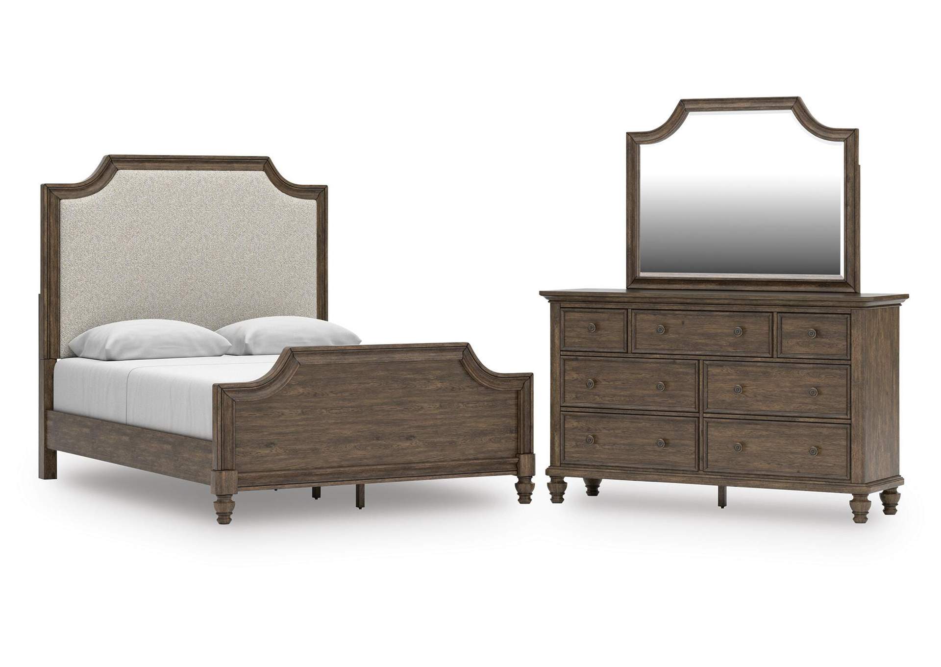Veramond Queen Upholstered Panel Bed, Dresser and Mirror image 1