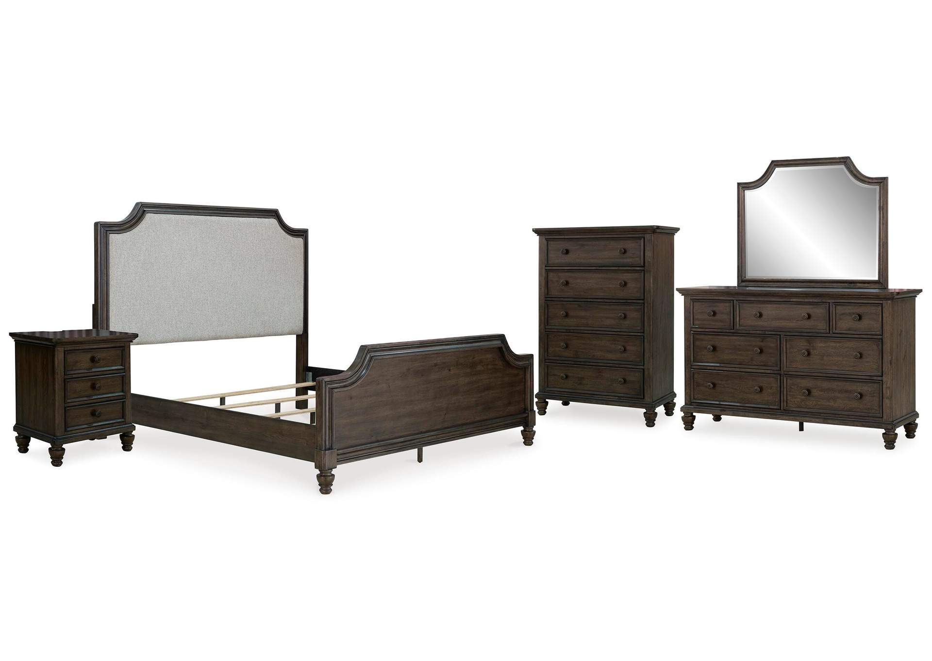 Veramond California King Upholstered Panel Bed with Mirrored Dresser, Chest and Nightstand image 1