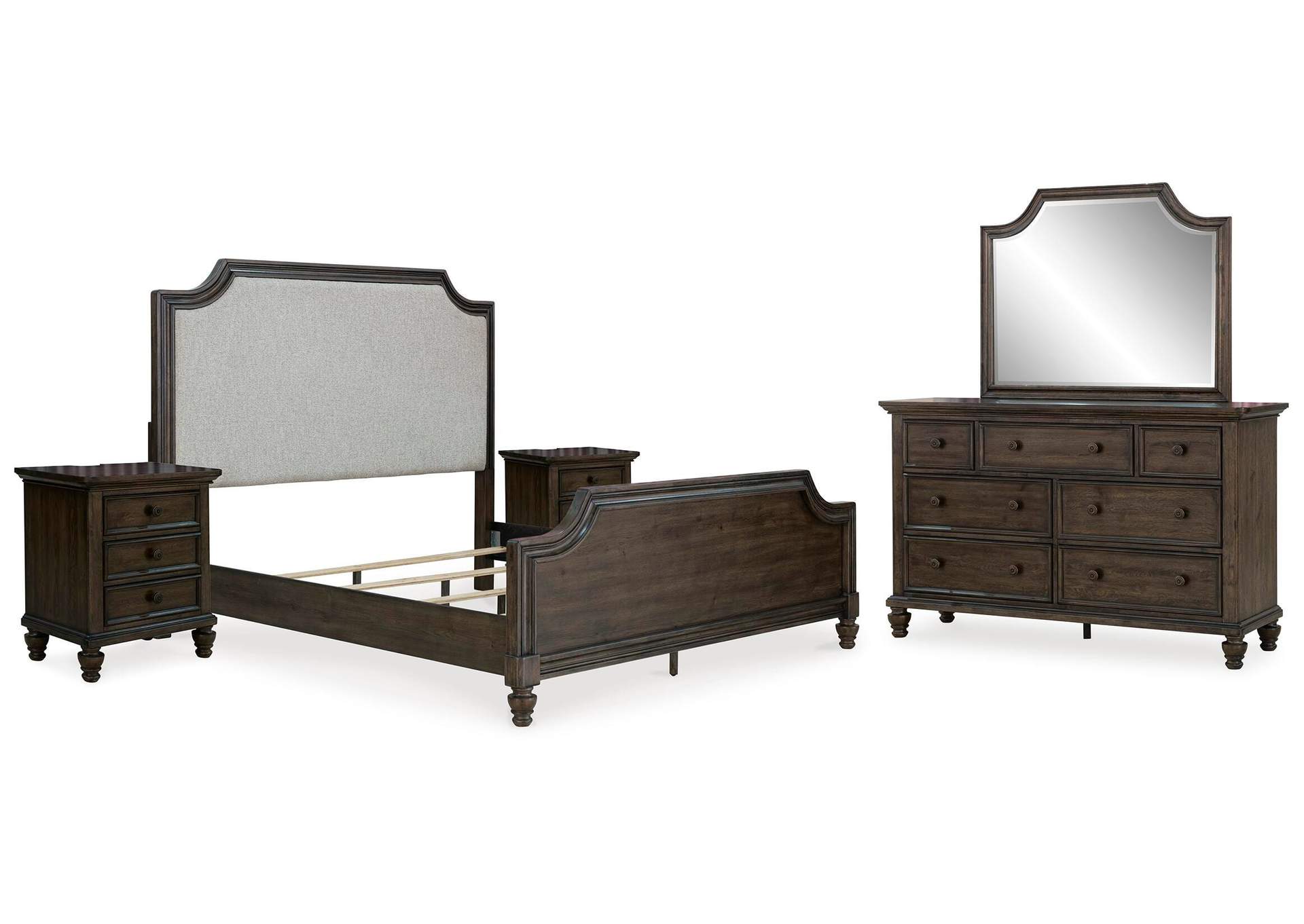 Veramond California King Upholstered Panel Bed with Mirrored Dresser and 2 Nightstands image 1