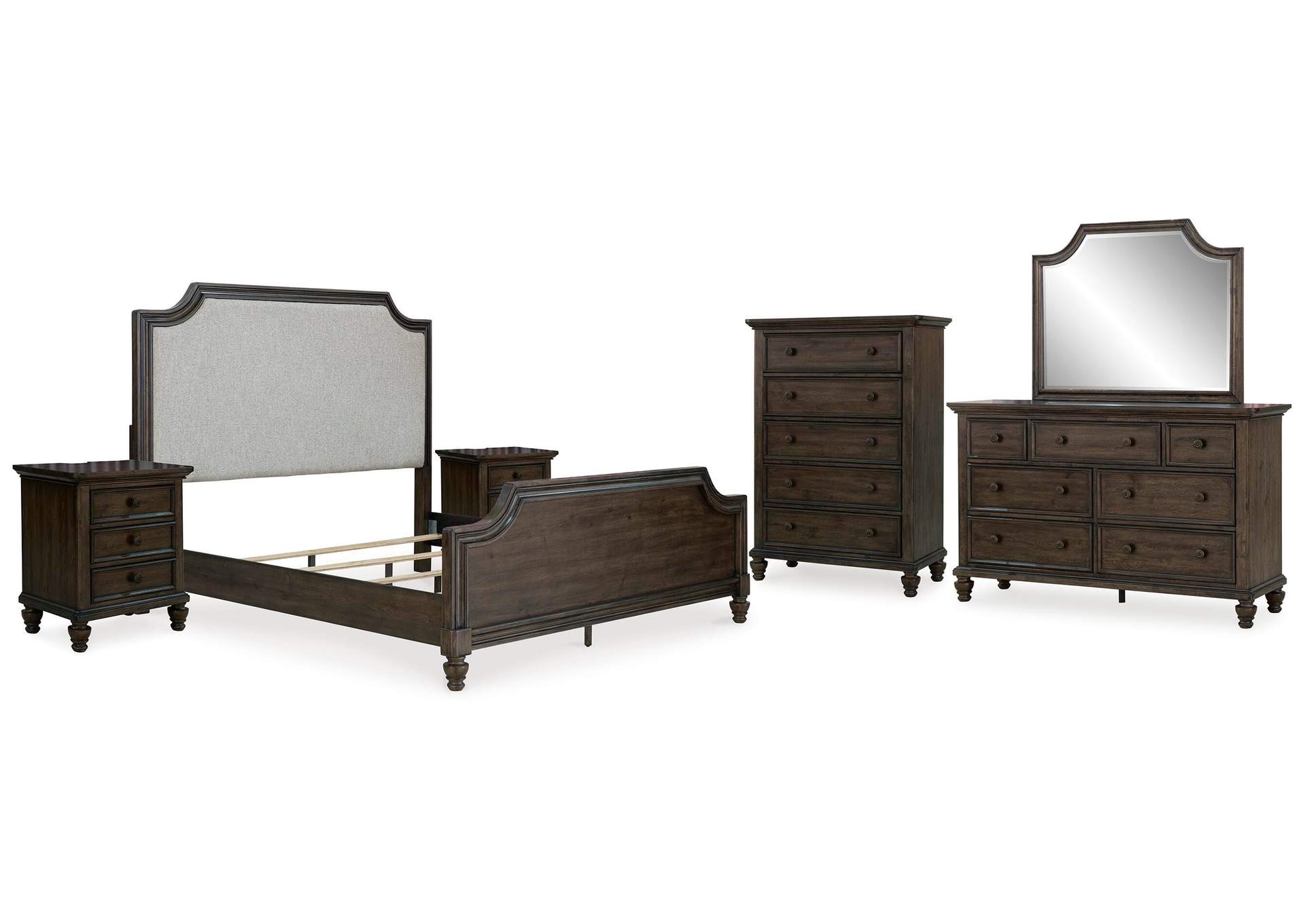 Veramond King Upholstered Panel Bed with Mirrored Dresser, Chest and 2 Nightstands image 1