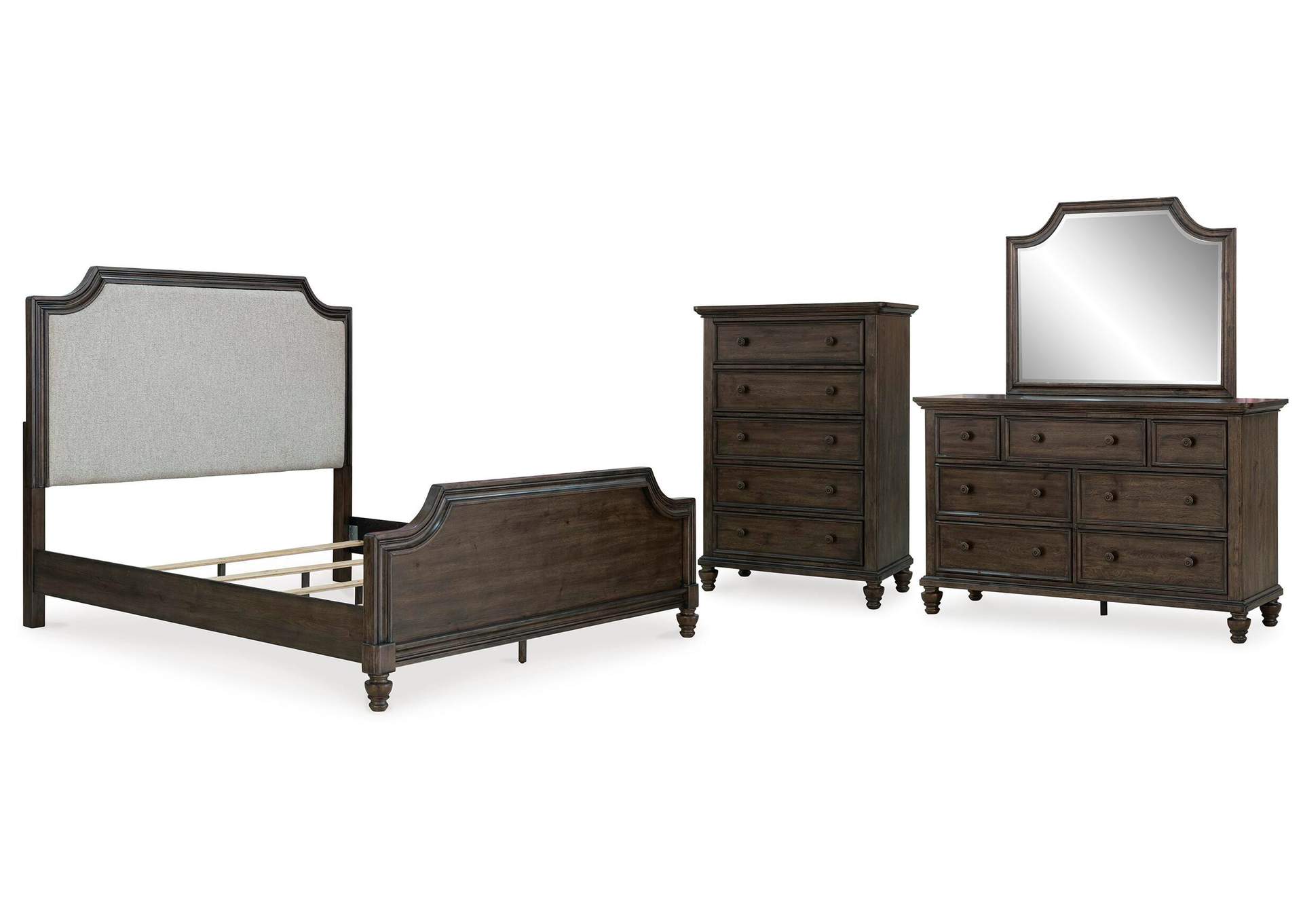 Veramond King Upholstered Panel Bed, Dresser, Mirror and Chest