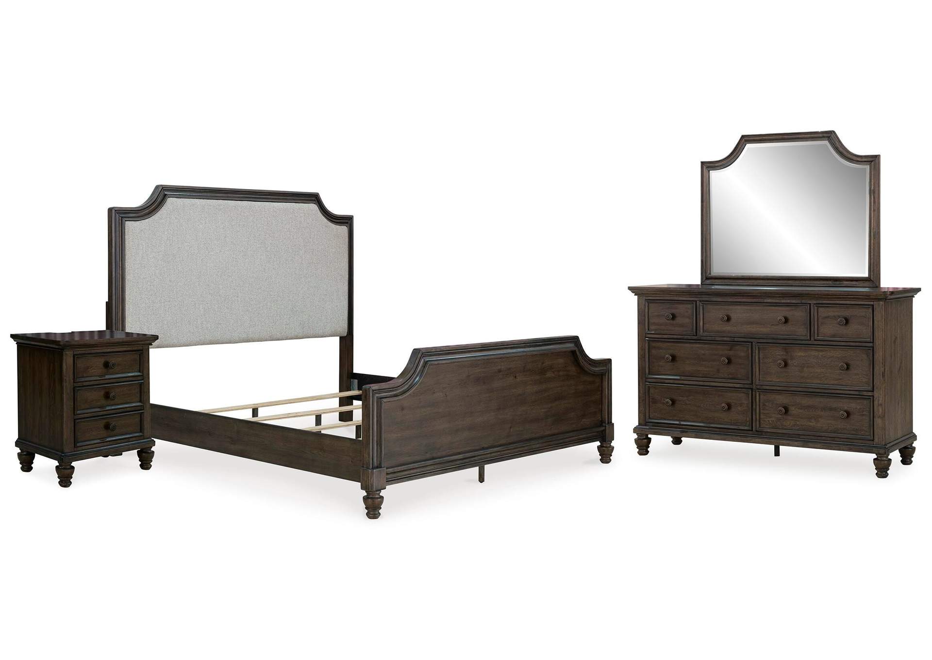 Veramond King Upholstered Panel Bed, Dresser, Mirror and Nightstand image 1
