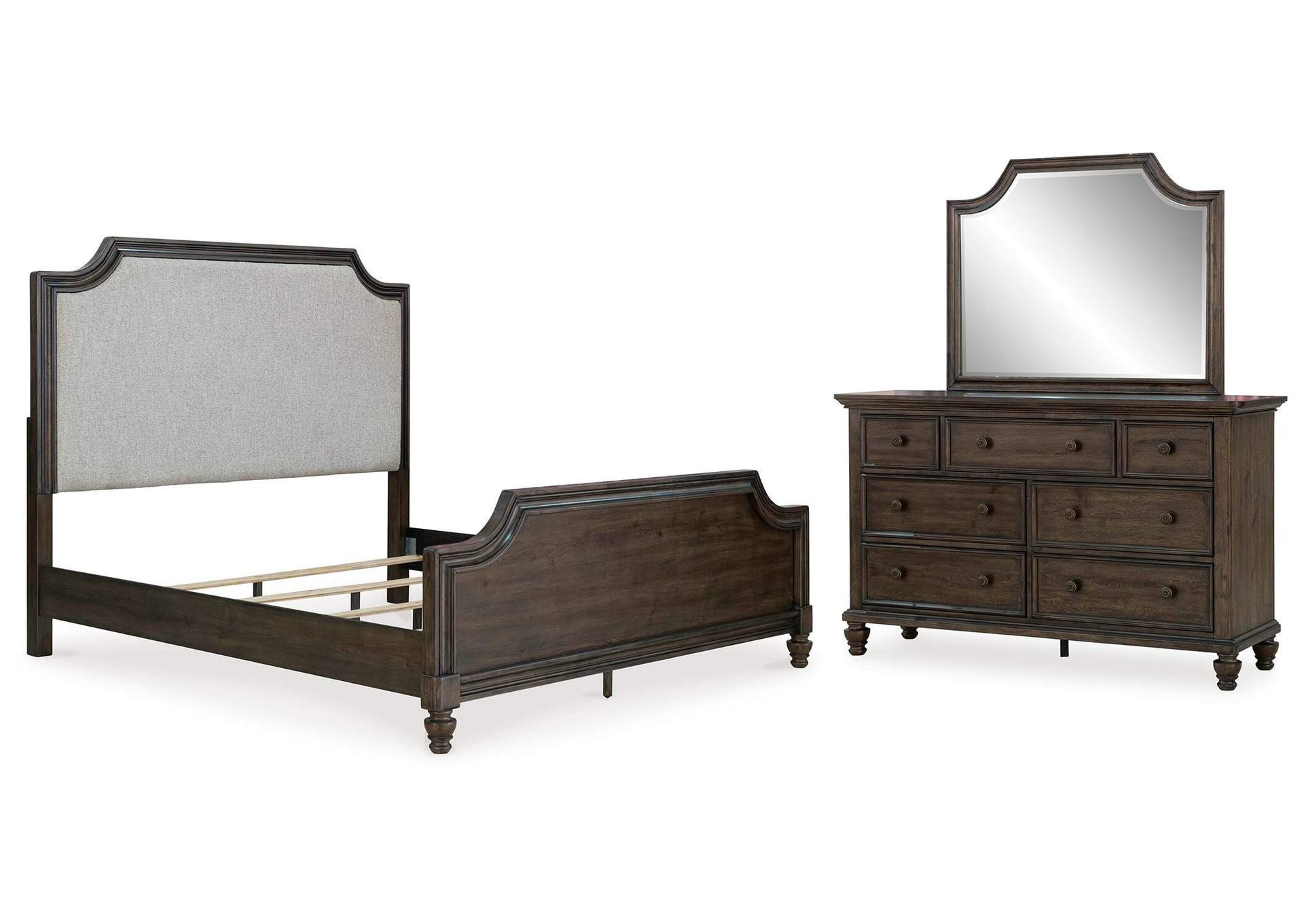 Veramond King Upholstered Panel Bed, Dresser and Mirror image 1