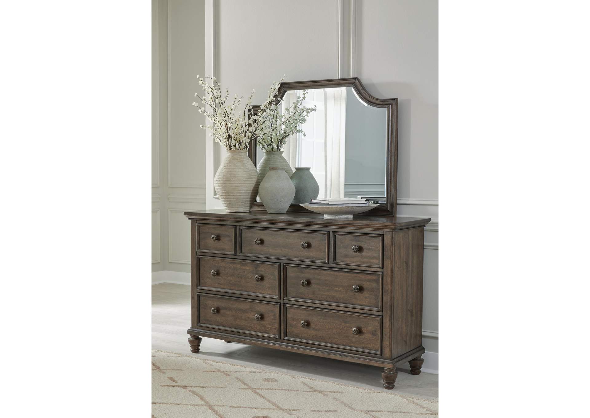 Veramond Queen Upholstered Panel Bed with Mirrored Dresser, Chest and Nightstand image 9