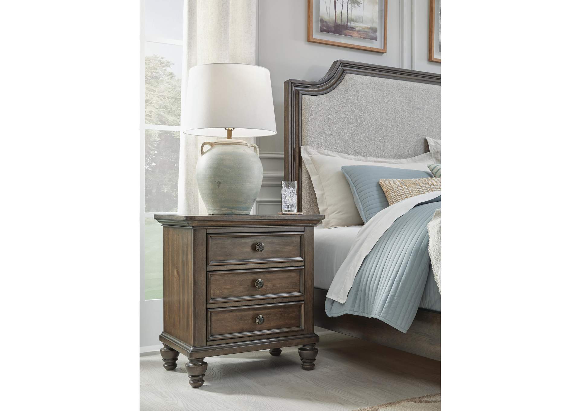 Veramond Queen Upholstered Panel Bed with Mirrored Dresser, Chest and Nightstand image 6