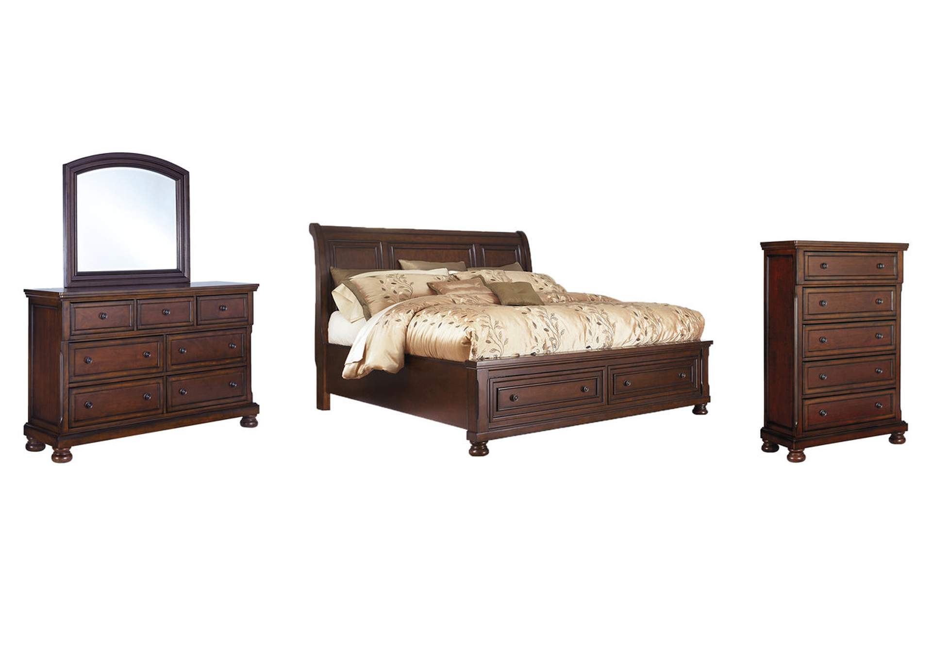 Porter Queen Sleigh Bed with Mirrored Dresser and Chest