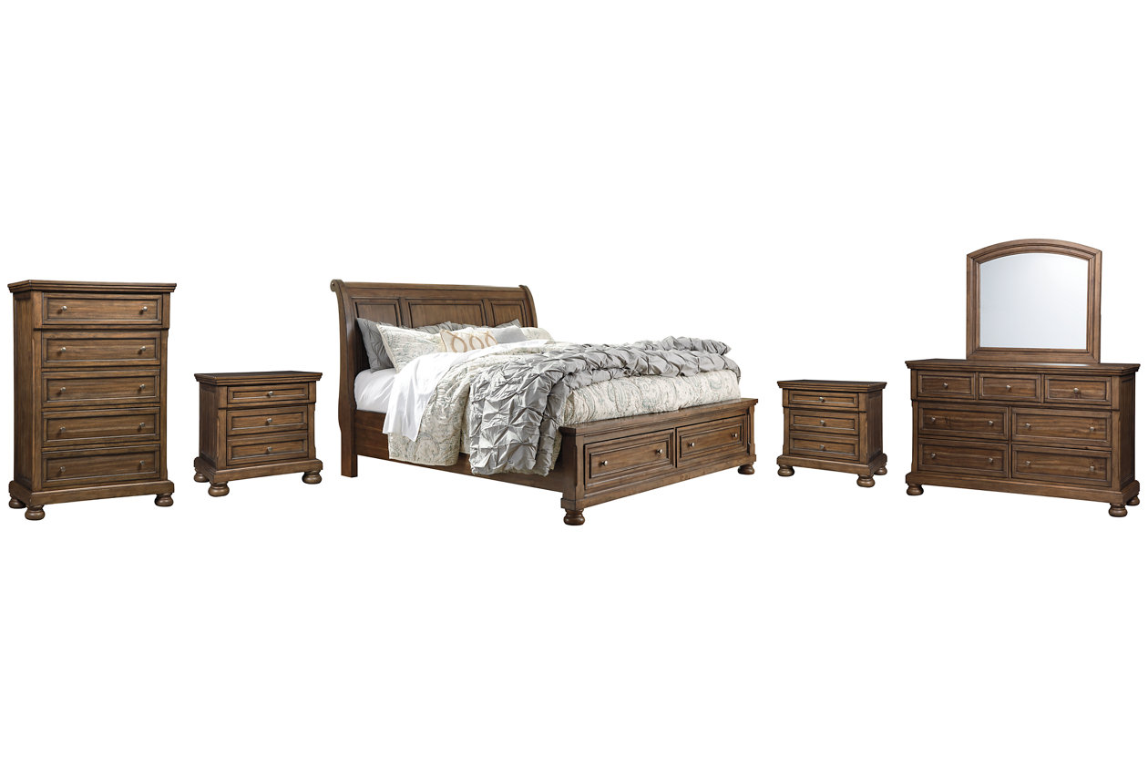 Flynnter California King Sleigh Bed with 2 Storage Drawers with Mirrored Dresser, Chest and 2 Nightstands